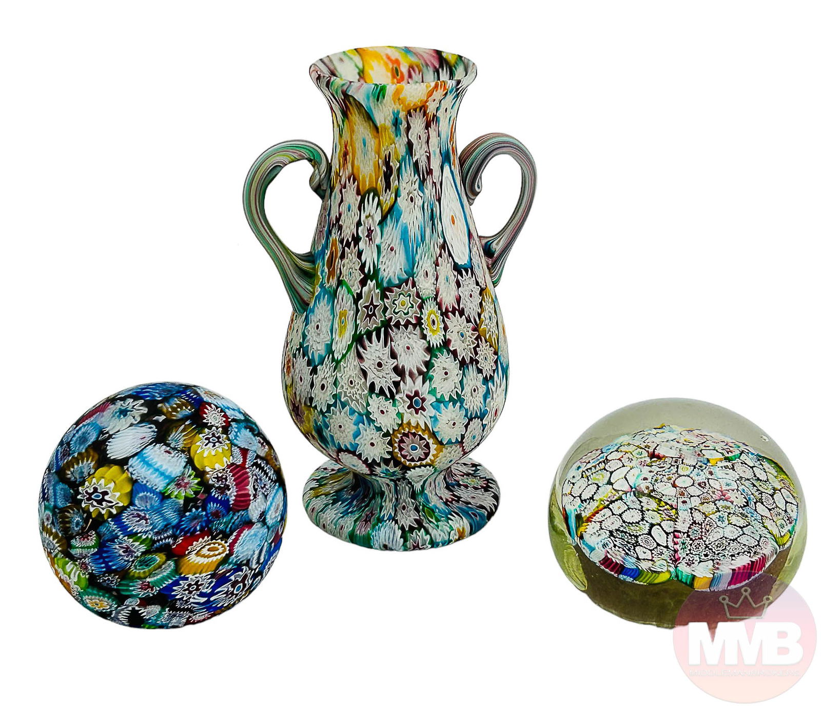 Murano Glass Millefiori Paperweight & Vase 3pc LOT (1 of 7)