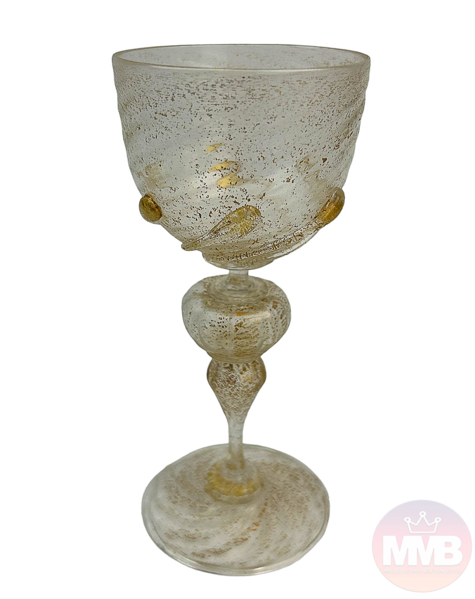 Murano Venetian Art Glass Gold Dust Wine Goblet 6p: Mid 20th century Murano Italian studio art glass bar barware wine goblets. Finely blown in manner with each featuring applied swirled prints to the slant ribbed bowl. Encased gold dust inclusions grac
