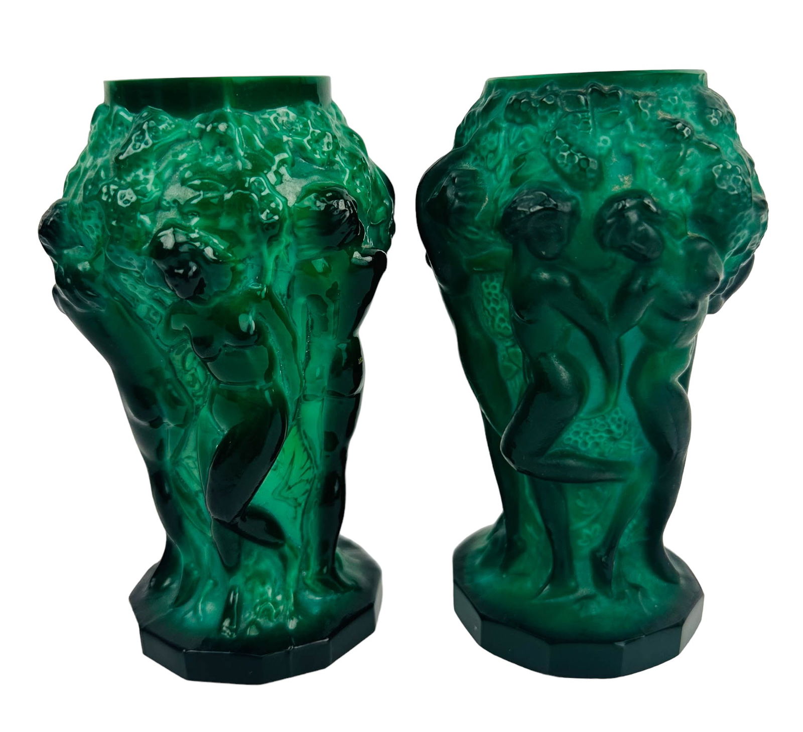 Czech Art Deco Malachite Nude Maiden Vase 2pc LOT: Pair of 20th century Bohemian Czechoslovakia green malachite art glass shelf mantle vases. Both feature slender standing nudes around the body in various dance poses. Signed ~ one retains the sticker