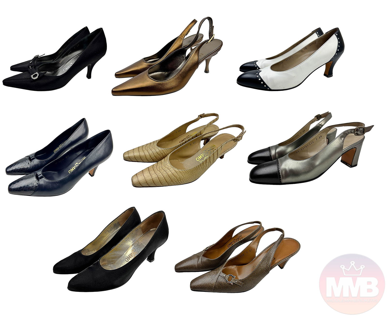 Salvatore Ferragamo Designer Ladies Shoes 8 Pairs: Estate lot of a total of 8 pairs of ladies designer shoes by Salvatore Ferragamo. All are size 7 AA. Includes one (1) Gessica1 Black Leather. One (1) Miriam Beige Pebbled Leather. One (1) Ritz Blue Le