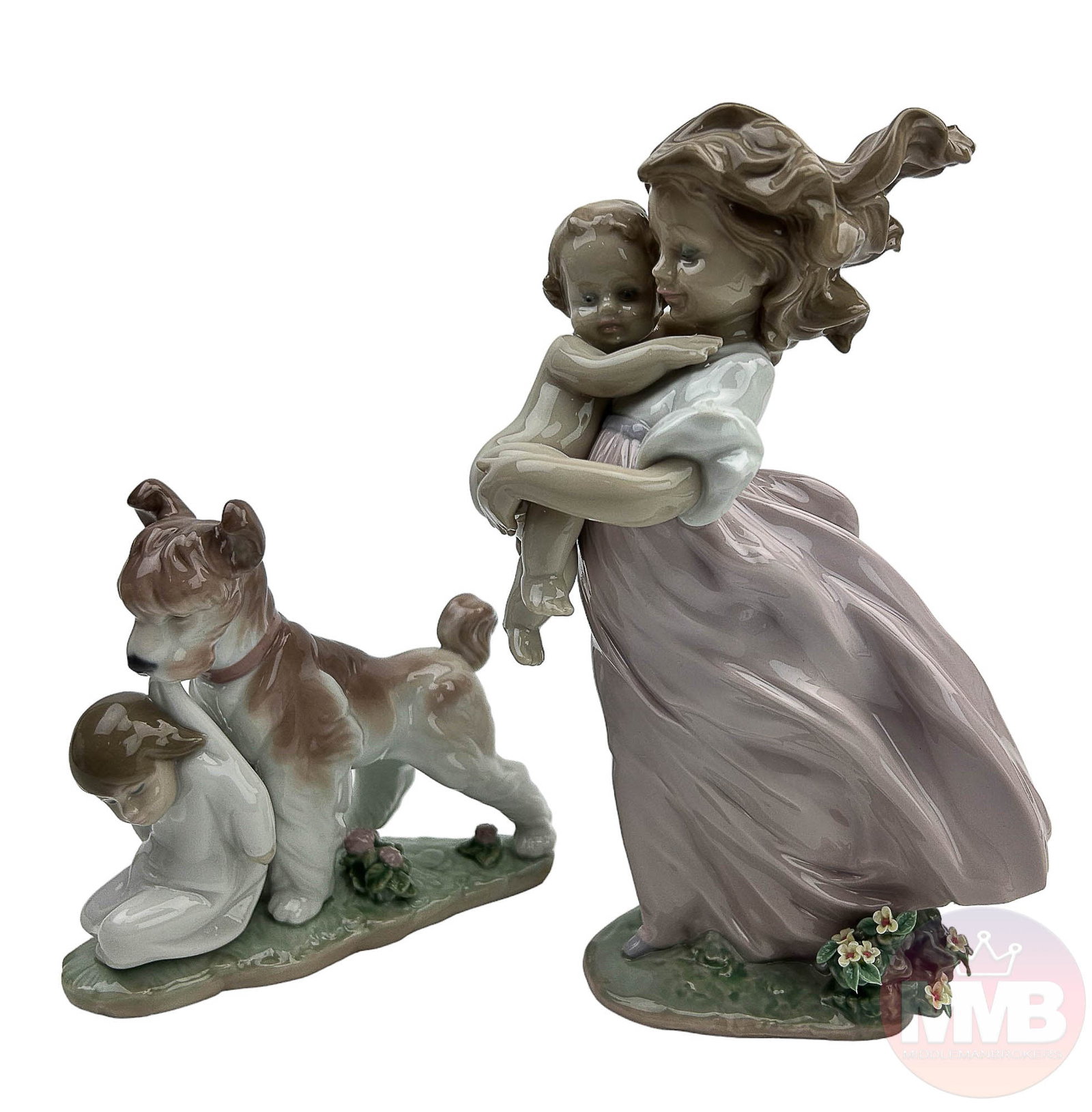 Lladro Playing Mom & Safe & Sound Figurine 2p LOT: Estate lot of two (2) Lladro Spain porcelain curio cabinet displays. Includes ~ (1) Playing Mom. Model number : 6681. Sculptor : Antonio Ramos. Production Years : 2000 - 2000. (1) Safe and Sound. Mode