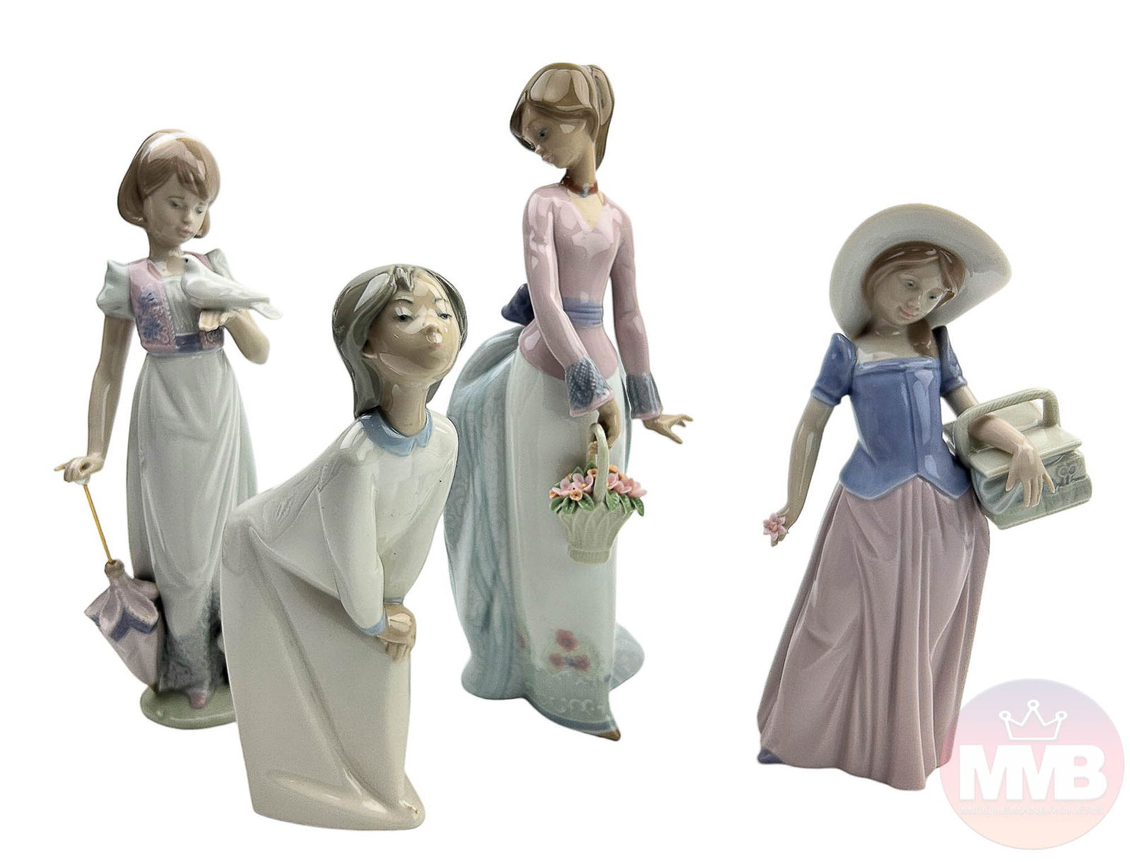 Lladro Girl Basket Bird Porcelain Figurine 4pc LOT (1 of 14)