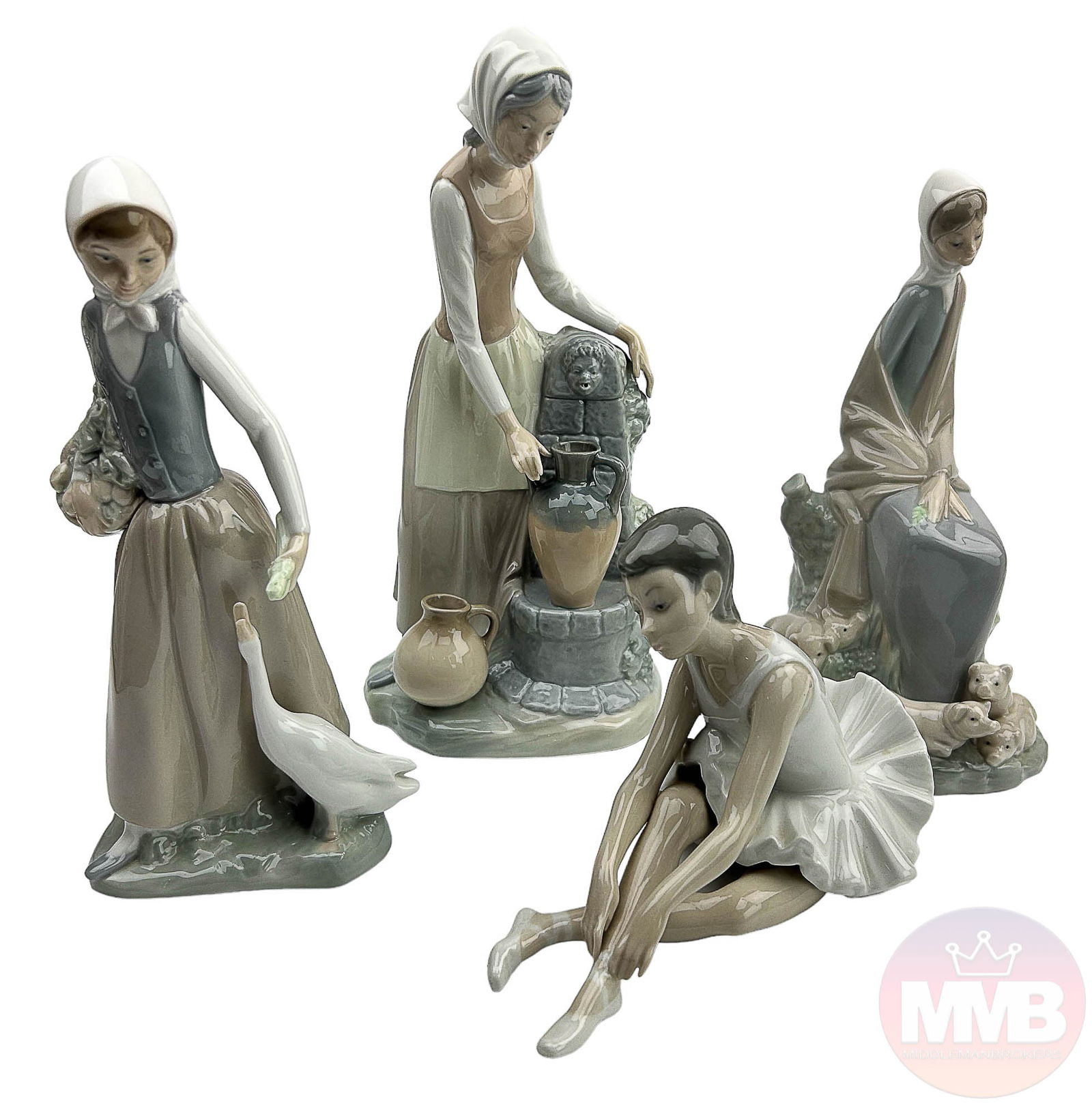 Nao Girl w Pigs, Duck, Fountain, Ballerina 4pc LOT: Estate lot of three (3) NAO Spain porcelain curio cabinet displays. Includes ~ (1) Shepherdess. Model number 37 G/M. Sculptor : Fulgencio Garcia. Production years : 1970 - 1985.(1) Girl at the Fountai