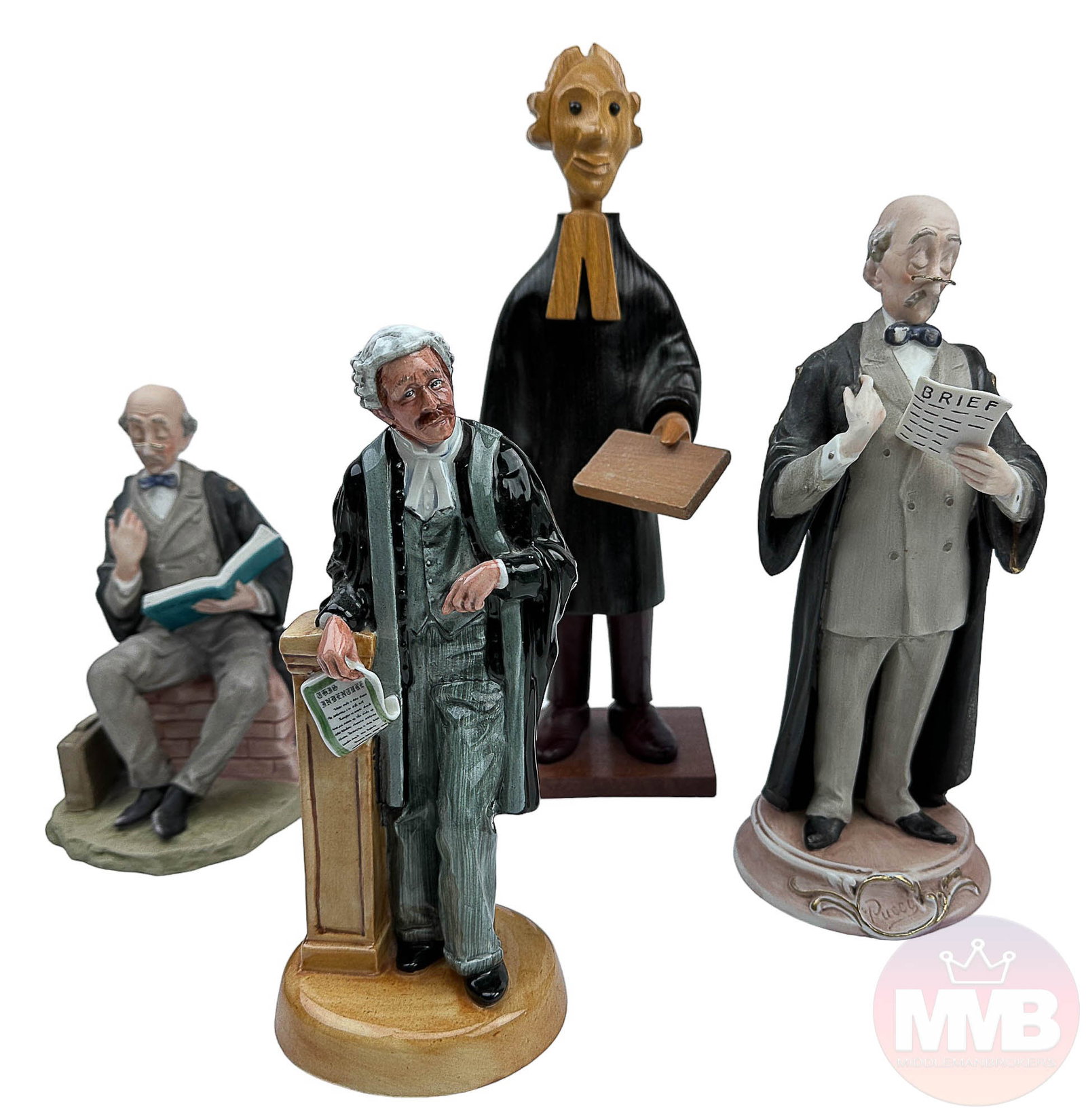 Capodimonte Royal Doulton & Carved Wood Lawyer LOT: Estate collection lot of a total of four (4) attorney / lawyer judge / professor professional figurines. Includes the following manufacturer / brand names ~ Two (2) porcelain hand painted ceramic Capo