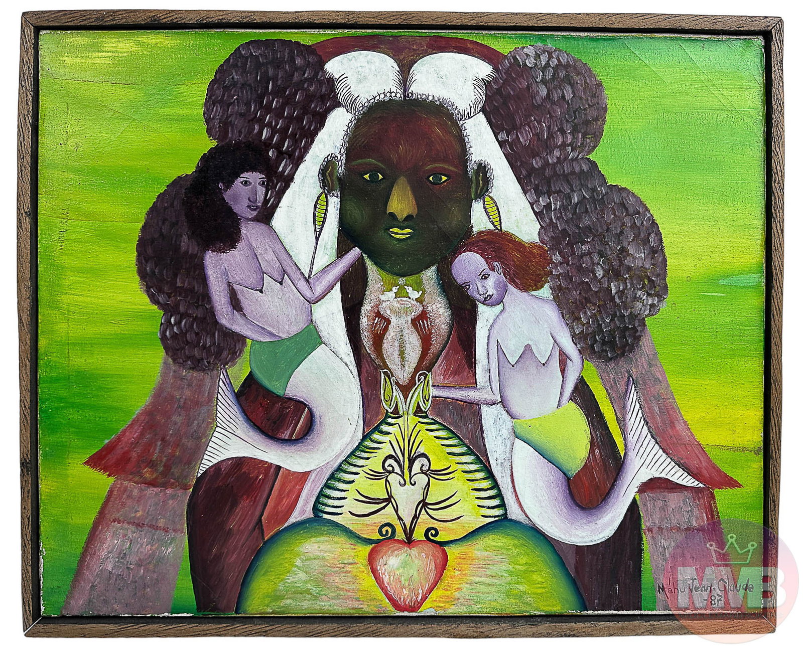 Mehu Jean Claude Haitian Figural Mermaid Painting: Mehu Jean Claude ( Haitian, 20th century ). Oil painting on canvas. Subject matter depicts the mythological mermaids and a female figure , a heart shaped form in the center, against a green yellow gro