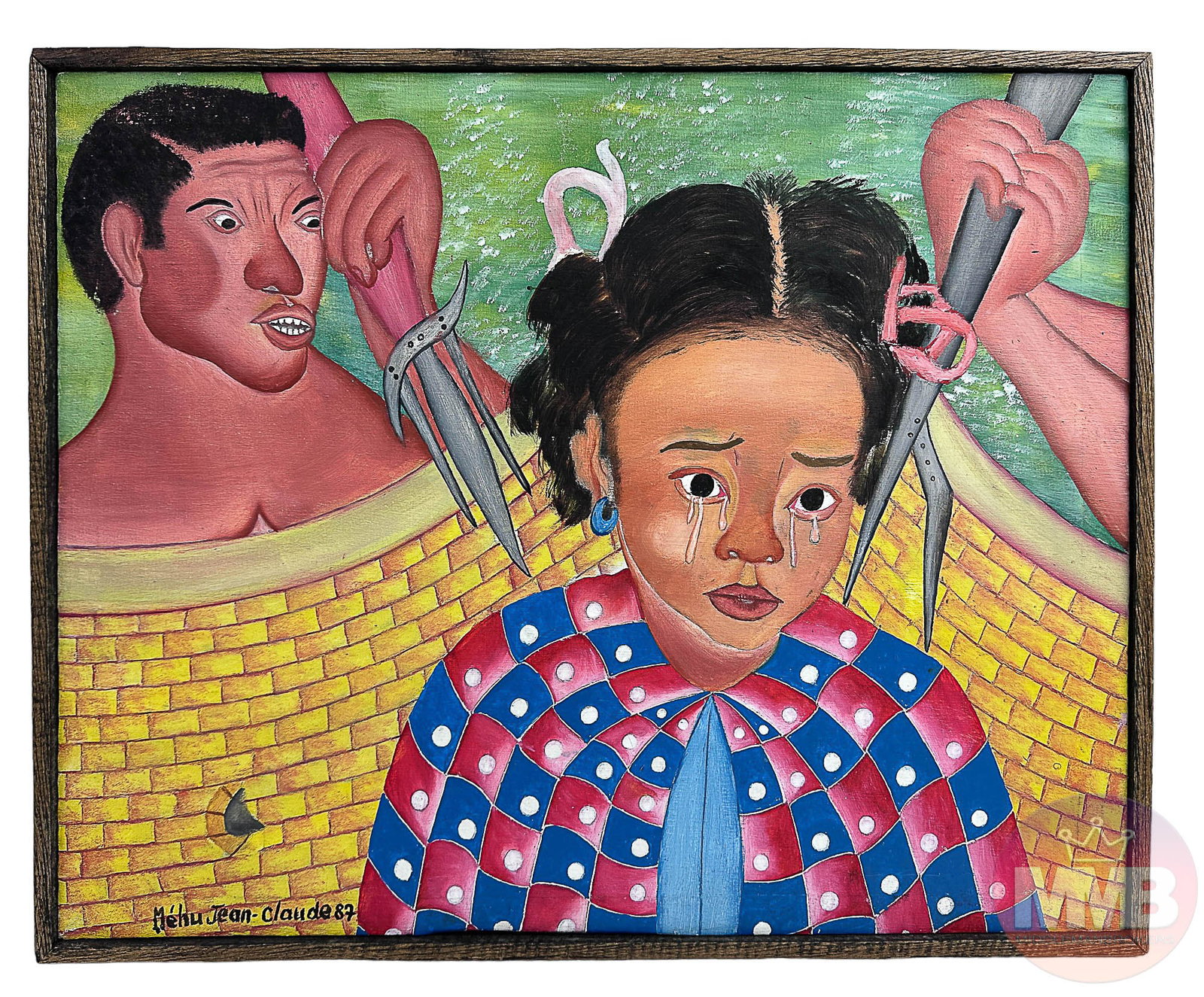 Mehu Jean Claude Figural Haitian Painting: Mehu Jean Claude ( Haitian, 20th century ). Oil painting on canvas. Subject matter depicts an angry mother wielding a weapon on a young child girl who is weeping. Signed lower left and dated '87. Art 