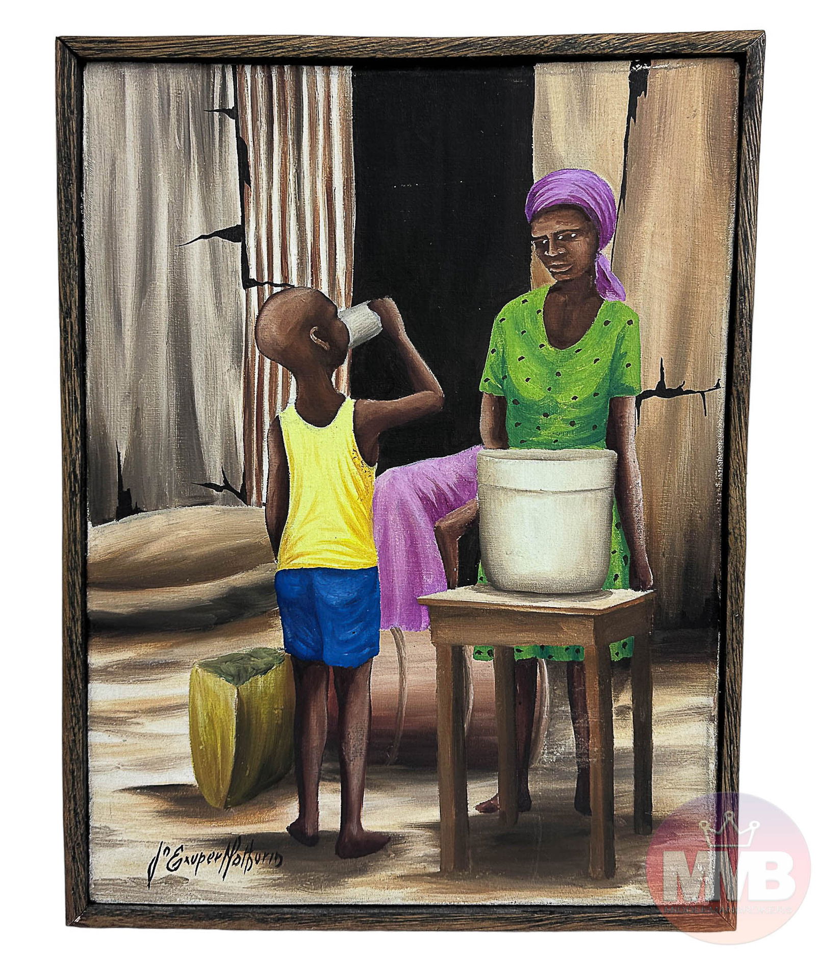 J Exuper Mathurin Haitian Mother & Child Painting: J. Exuper Mathurin ( Haitian, 20th Century ). Oil painting on canvas. Subject matter depicts an interaction between mother and child. Signed lower left corner. Art presented in a dark colored wooden f
