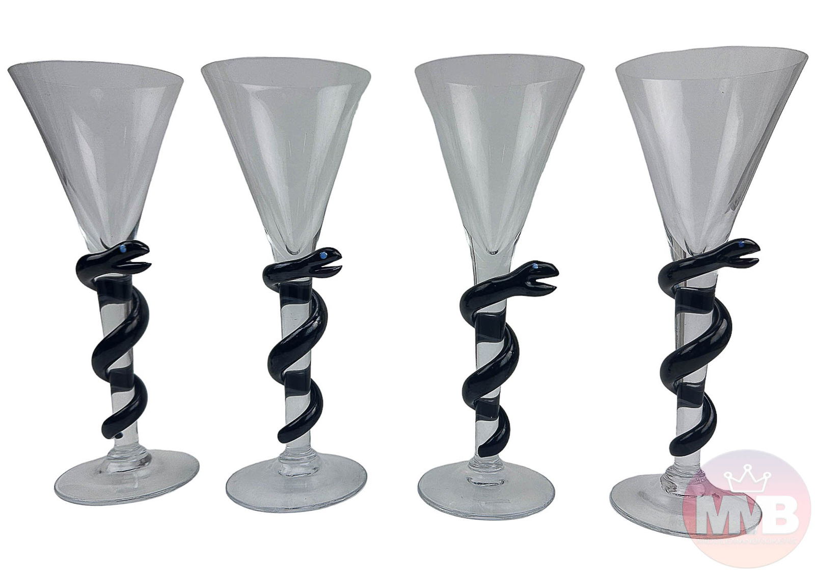 Kosta Boda Cleopatra Snake Wine Glass Goblet Set 4: Swedish late 20th century studio handcrafted bar barware goblets manufactured by Kosta Boda of Sweden. Pattern : Cleopatra Snake. Production years : 1989 - 2011. Designer : Ulrica Hydman Vallien ( Swe