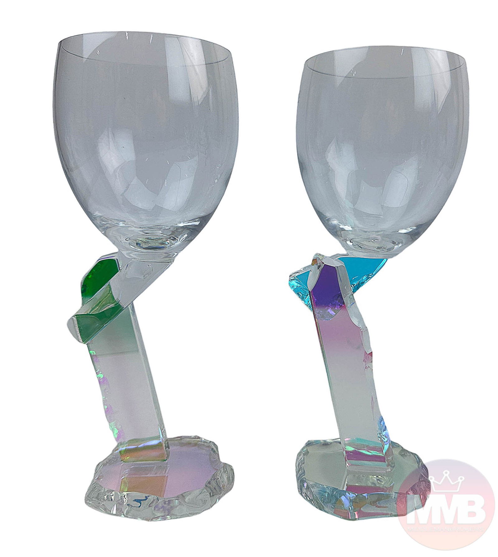 Steven Maslach Dichroic Glass Wine Goblet 2pc SET: American 20th century studio artisan handcrafted and blown bar barware glass goblets by San Francisco / Washington artist Steven Maslach. Each modeled with a 3 piece thick walled shard like base and s