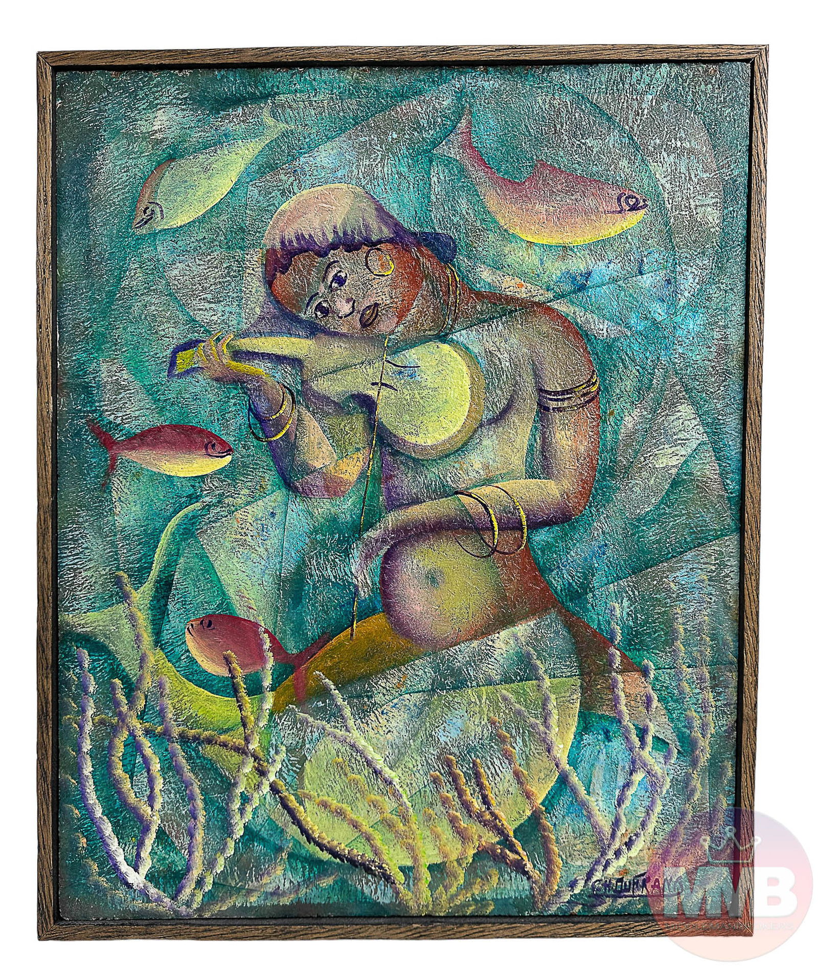 Charles Dufranc b.1948 Mermaid & Fish Oil Painting: Charles DuFranc ( Haitian, Born 1948). Oil painting on masonite board. Subject matter depicts a mermaid musician playing a violin with fish swimming around, the base with seaweed, against a green grou
