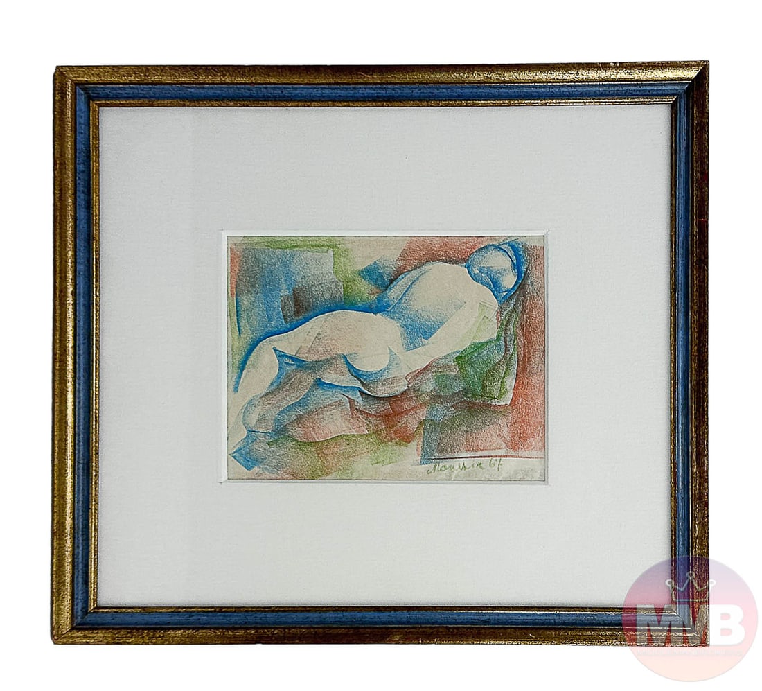 Nude Figural Color Pastel Painting SIGNED: This work on paper depicts a reclining figural nude. Signed and dated lower right, in the plate. Art presented in a gilt gold and black wooden frame. Work Size: 6.5 x 8.5 in.Dimensions: 15.75 X 17