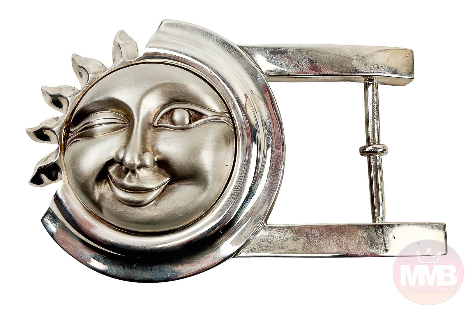 Kieselstein Cord Sterling Winking Sun Belt Buckle: American late 20th century designer unisex men's / women's sterling silver 925 belt buckle by Barry Kieselstein Cord ( award winning artist, designer and photographer ). Design features a smiley winki