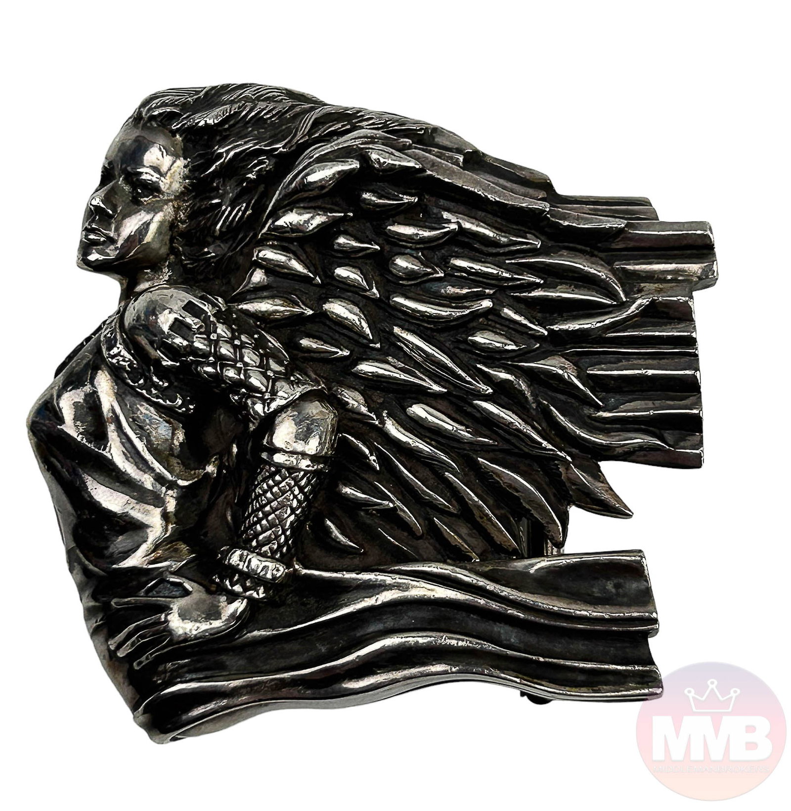 Kieselstein Cord Sterling Winged Angel Belt Buckle: American late 20th century designer unisex men's / women's sterling silver 925 belt buckle by Barry Kieselstein Cord ( award winning artist, designer and photographer ). Design on the obverse features