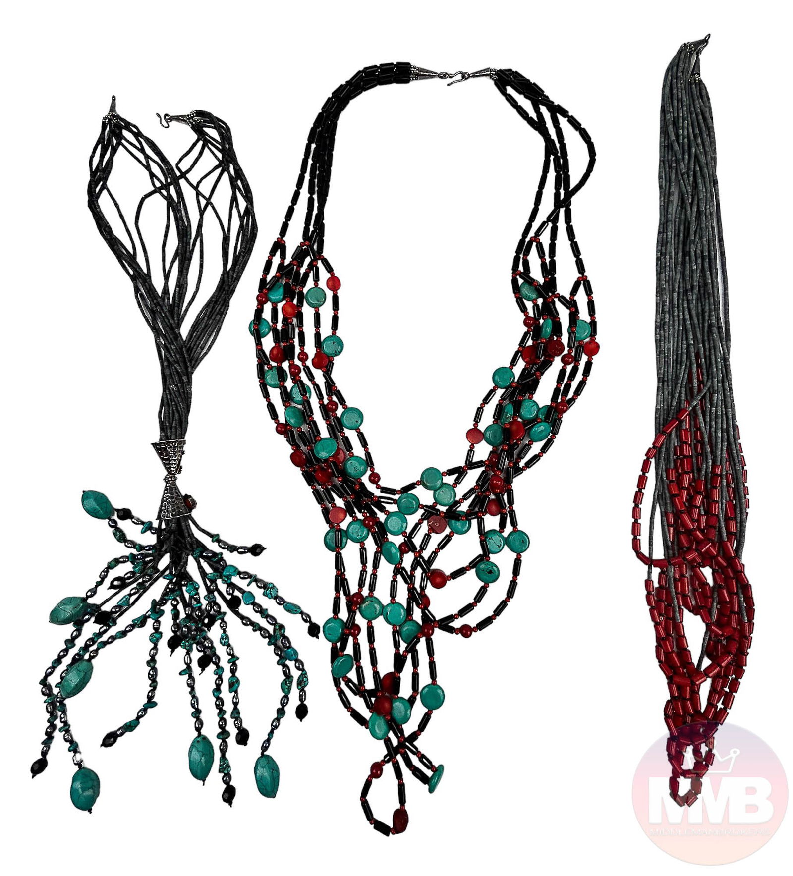 Turquoise Red Coral Onyx Multi Strand Necklace 3pc (1 of 8)