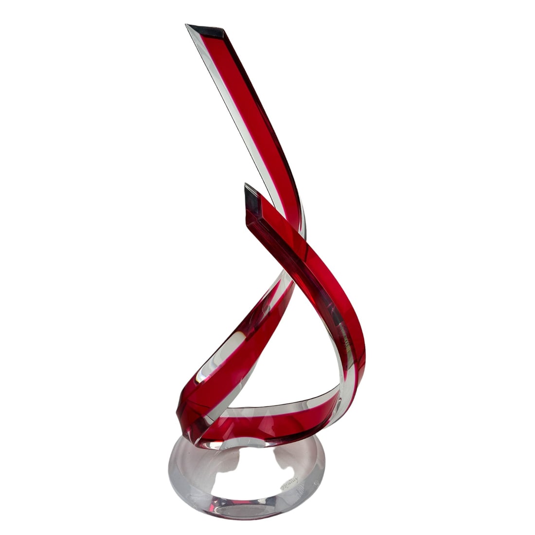 Vik Muniz Lucite Acrylic Modernist 33" Sculpture: Vik Muniz ( American / Brazilian, born 1961 ). This work executed in acrylic lucite medium features curved designs with an internally colored red against a clear colorless ground. Mounted atop a circu