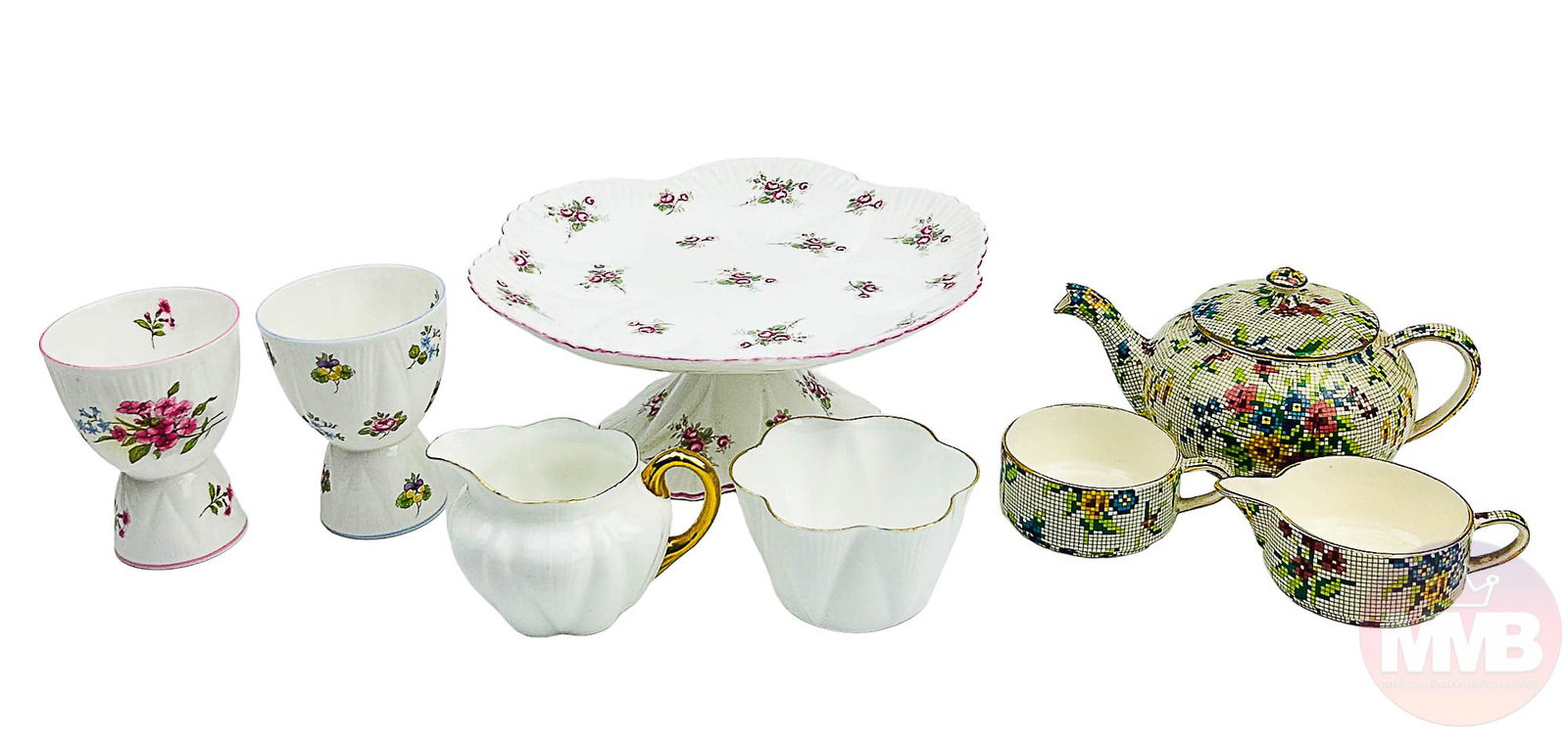 Shelley Royal Winton Creamer Sugar Cake Stand LOT: English 20th century estate lot of bone china dinnerware kitchen serve ware. Includes ~ Shelley cake plate in the Bridal Rose pattern. Two (2) Egg Coddler cups, one in the Stocks pattern, one in the F