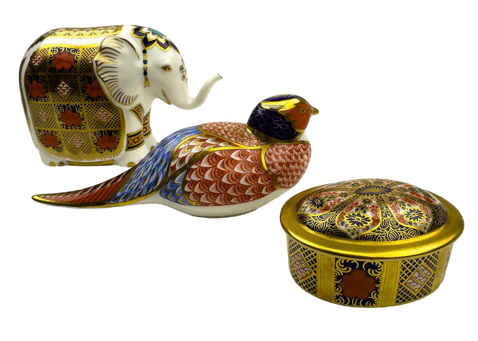 Royal Crown Derby Elephant Pheasant Box 3pc LOT: Estate collection lot of 20th century English Bone China collectible figurine / paperweight / box lot. Brand : Royal Crown Derby. Includes ~ One (1) Elephant. One (1) Pheasant. One (1) Oval trinket je