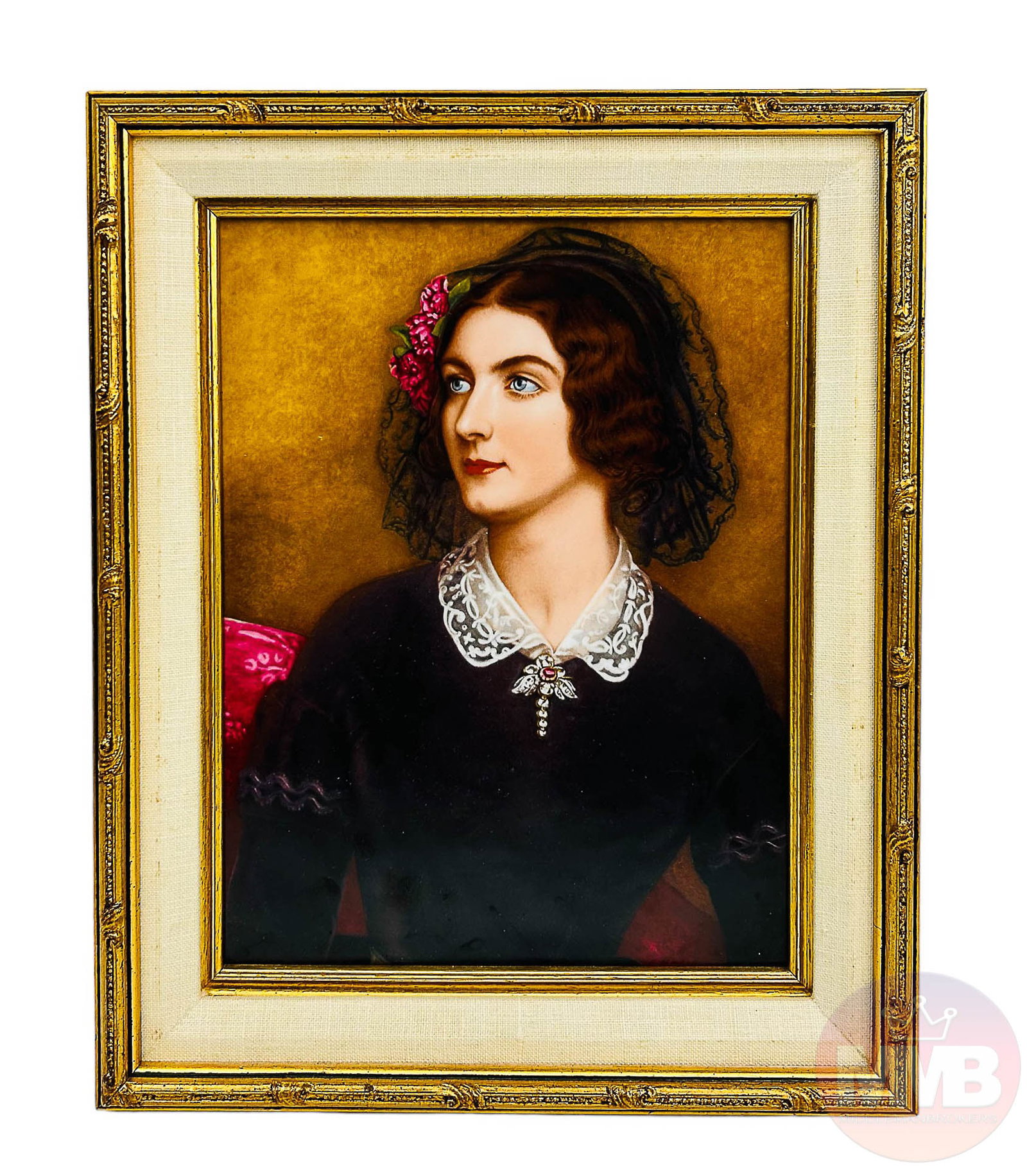 RPM Germany Lola Montez Portrait Porcelain Plaque: German porcelain plaque of the actress and dancer Eliza Rosanna Gilbert "Lola Montez" ( Irish, 1821 - 1861 ). Depicts her wearing a purple dress with white lace collar and brooch, her curly brown hair