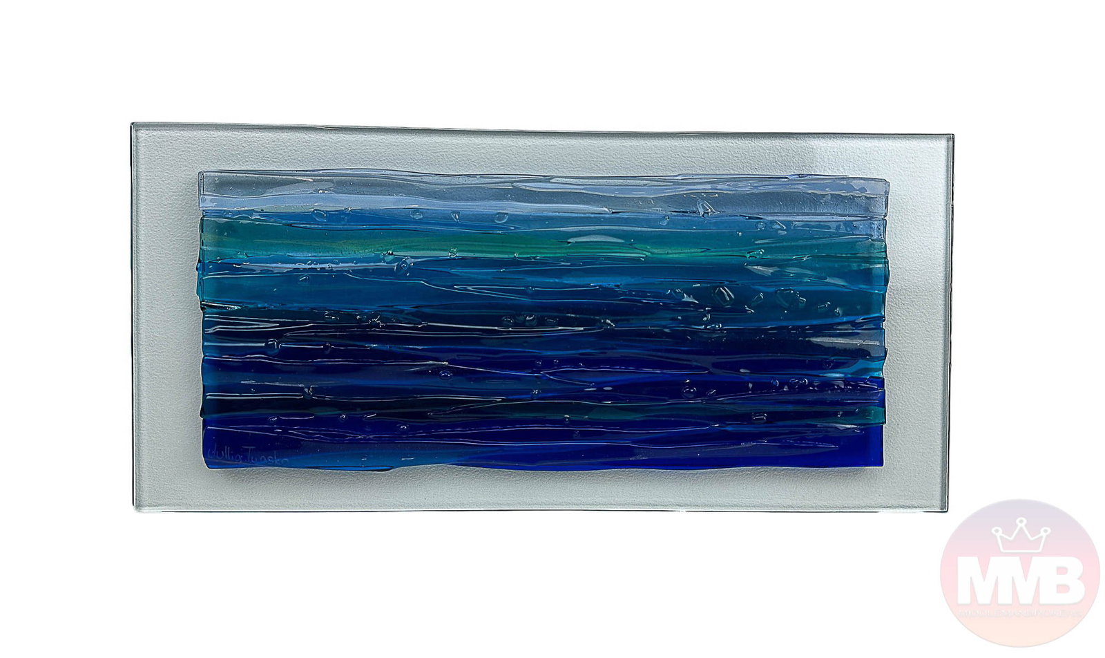 Jullia Tyasko Fused Glass Wall Sculpture SIGNED: Jullia Tyasko Russian 21st century. Features a multicolored fused glass composition on a clear glass mirror panel mounted on a rectangular shaped painted white wooden panel board. Signed ~ engraved Ju