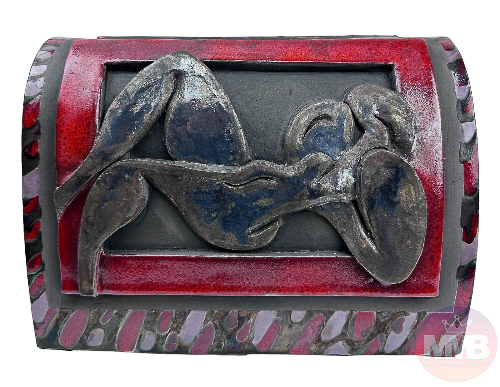 Mid Century Studio Pottery Figural Nude Sculpture: Artisan studio handcrafted ceramic pottery sculpture. Features a silvered raised relief carved figural nude on opposite sides encased in a red rectangle with a spatter ware design around the border. M