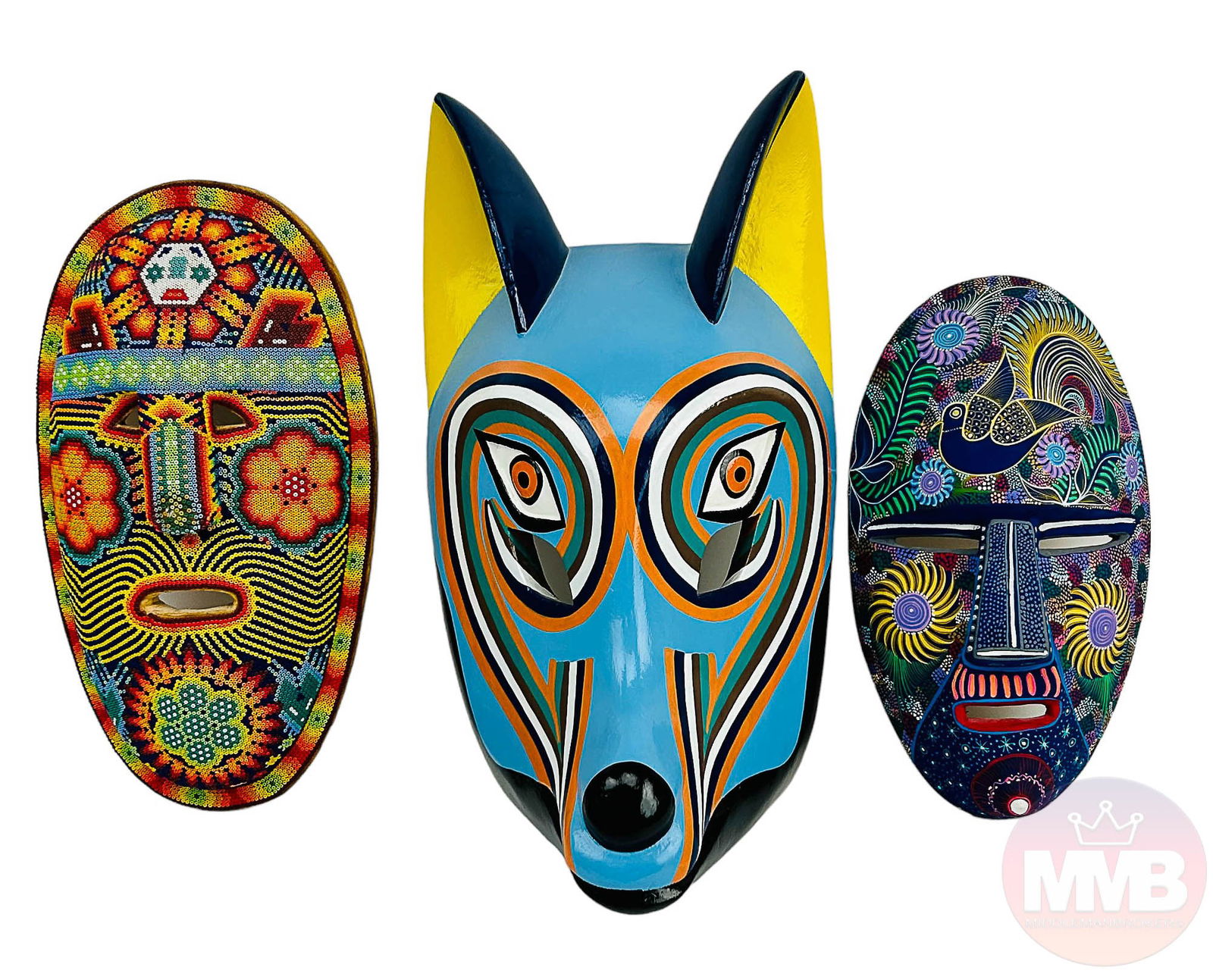 Mexican Folk Art Carved Wood Beaded Mask 3pc LOT (1 of 10)