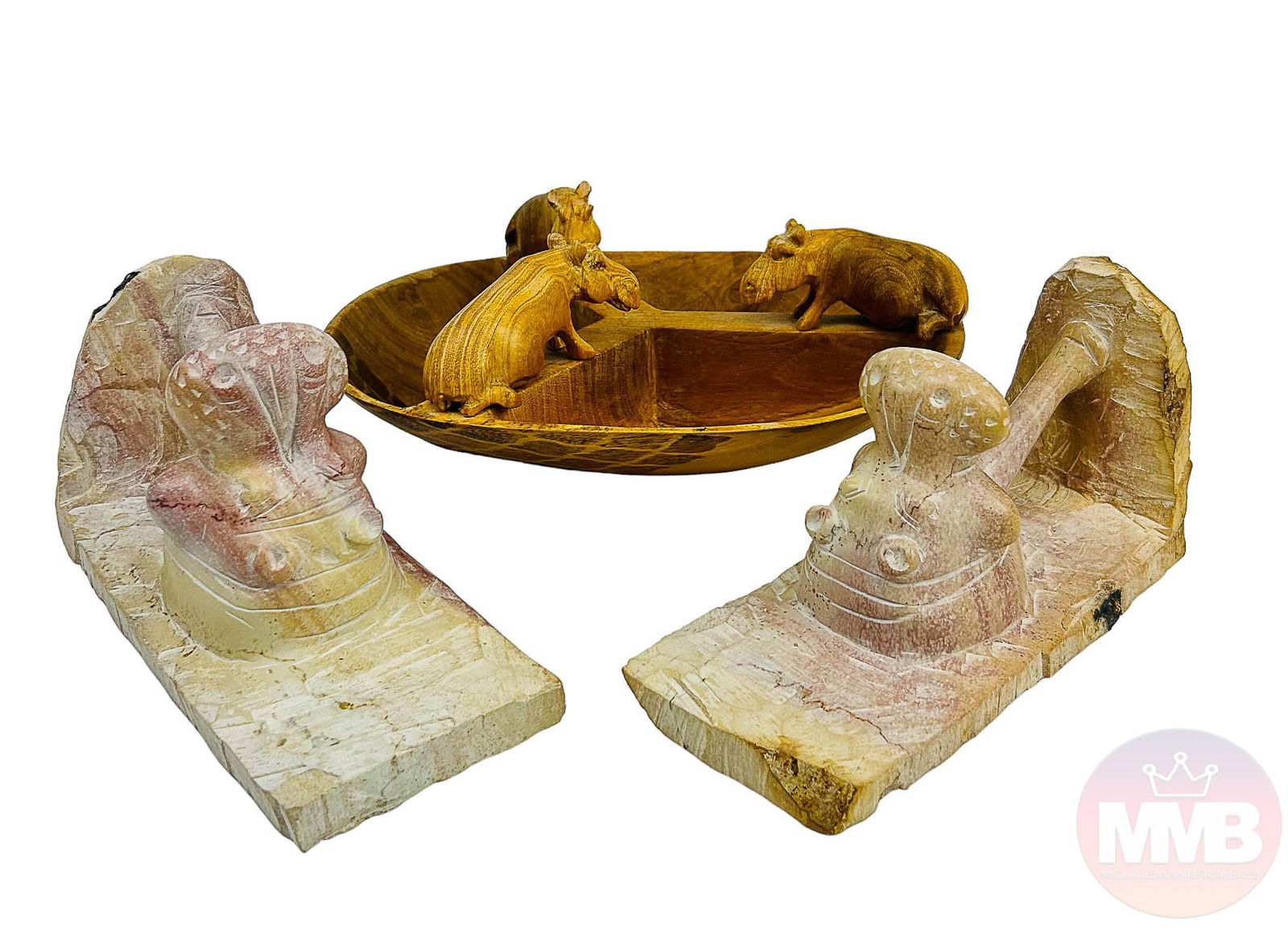 Carved soapstone & Wood Hippo Bowl & Bookend PAIR (1 of 10)