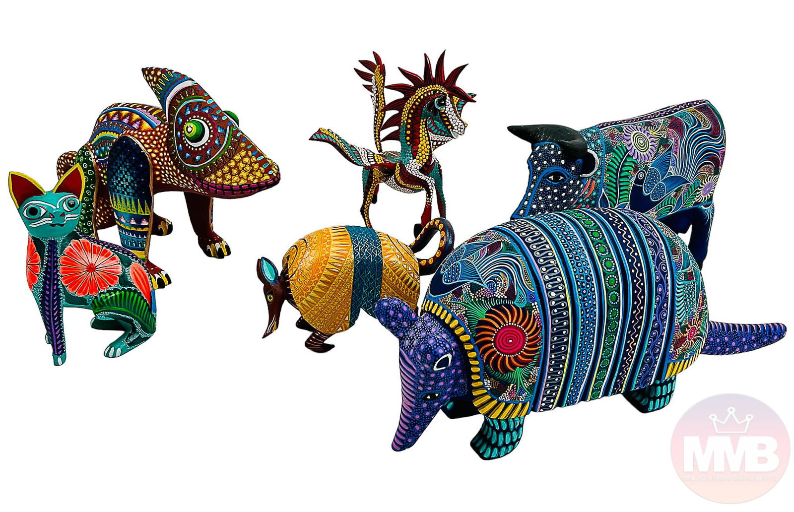 Oaxaca Mexico Folk Art Alebrijes Wood Sculpture 6p: Mexican 20th century hand carved and painted wood carvings made out of copal wood. Each colorful, whimsical and unique folklore animal figurine features these imaginary creatures with intense colors,