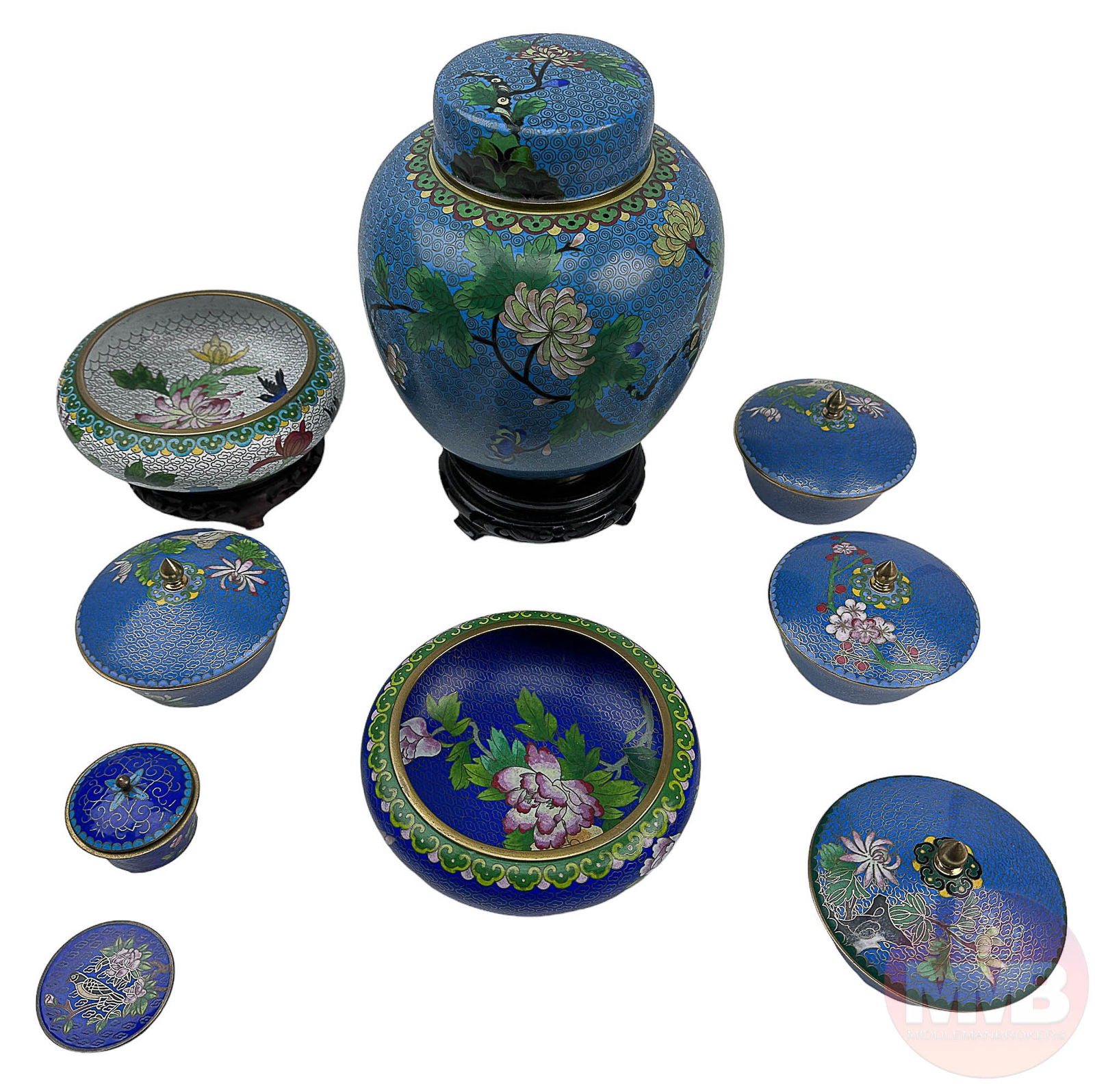 Chinese Cloisonne Floral Enamel Bowl Vase 8pc LOT (1 of 13)