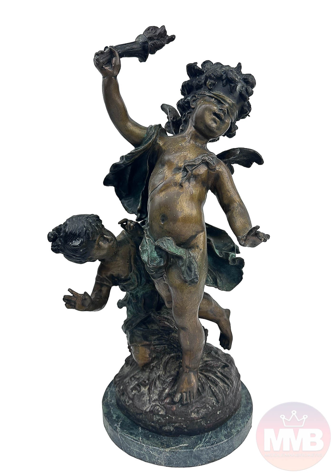 Cast Bronze Cupid w Torch Sculpture after Moreau: French Late 20th century Baroque style metal sculpture. Features a winged mythological and heavenly nude blindfolded putty angel holding up a torch in one hand, a young girl peeking upwards behind him