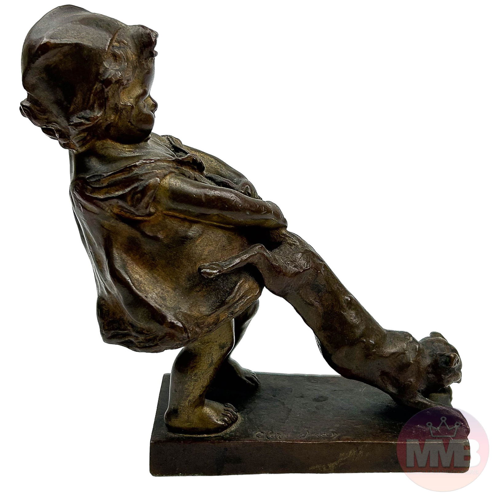 Juan Clara 1875-1958 Bronze Girl & Cat Sculpture: Juan Clara Ayats ( Spanish, American, 1875 - 1958 ). Titled : Toddler with Cat. Features a young child pulling a cat's tail. Signed ~ impressed Clara Juan on the front. Side impressed VB 105 and 1621.