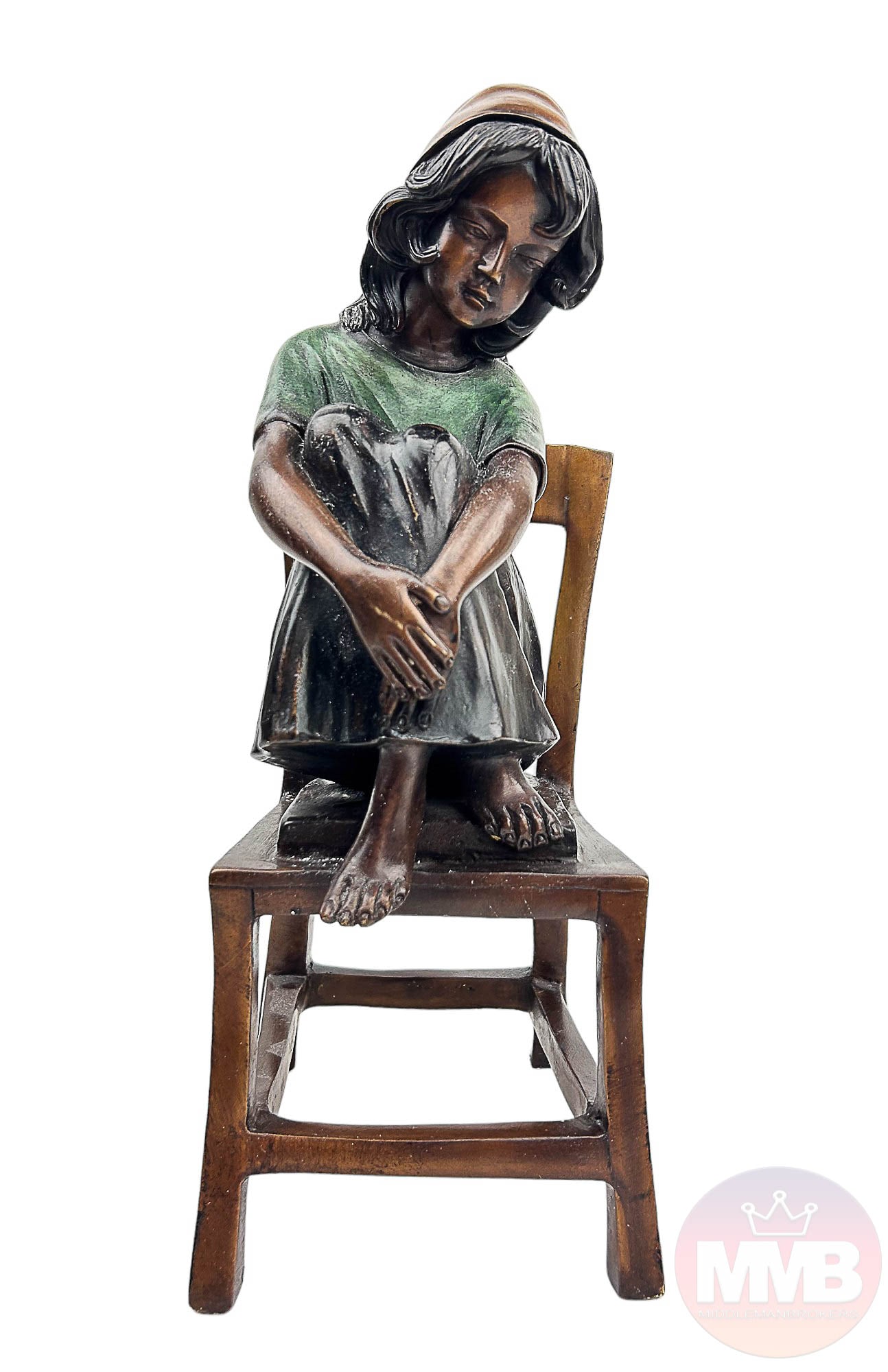 Nina Winkei 1905-1990 Girl Stool Bronze Sculpture: Nina Koch Winkel ( American, German 1905 - 1990 ). Features a young girl seated on a chair, her arms crossed in front of her legs, a look of thoughtfulness on her face, as she stares down at the floor