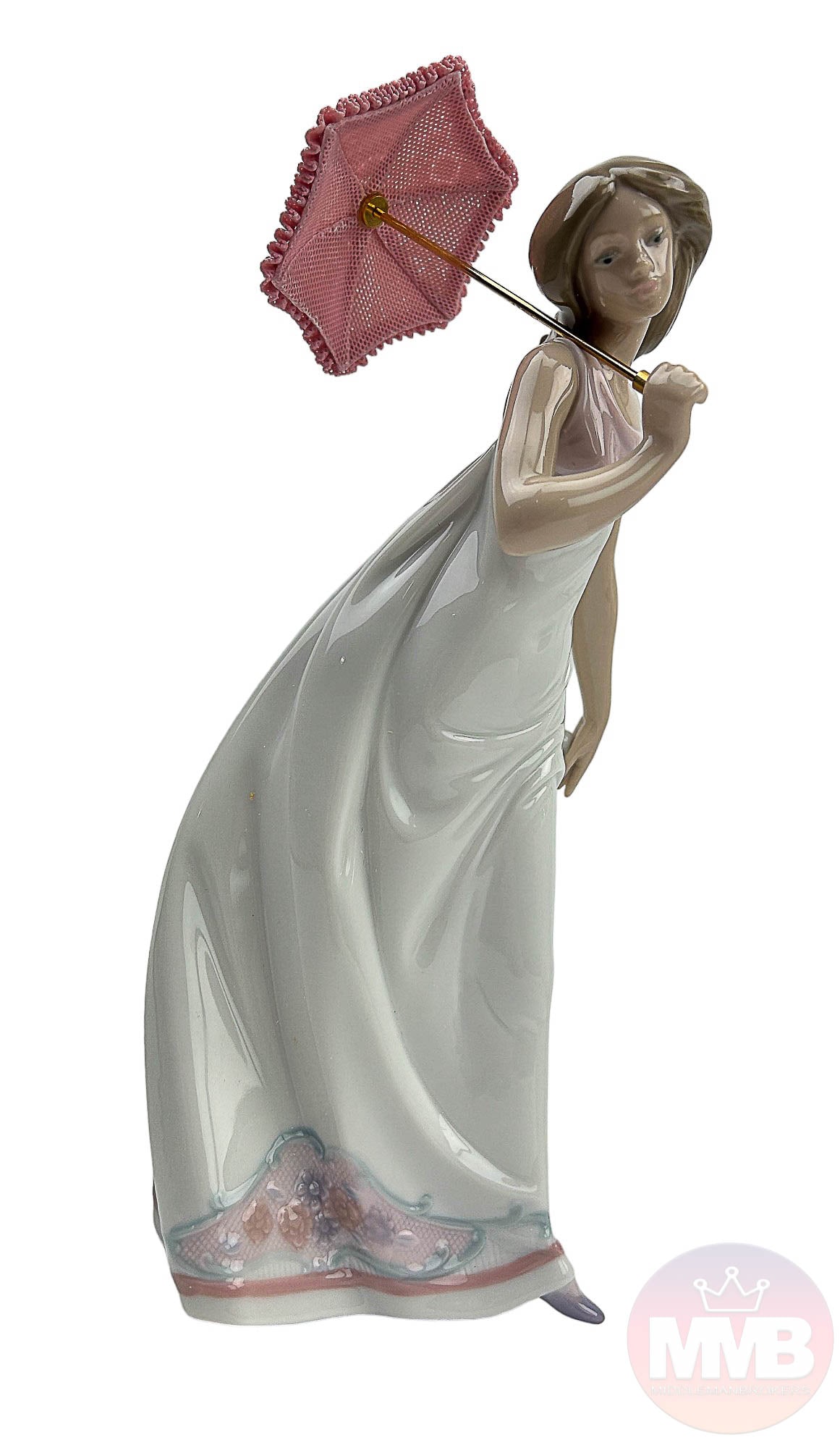 Lladro Afternoon Promenade 7636 Porcelain Figurine: Name : Afternoon Promenade. Model number : 7636. Sculptor / Designer : Jose Puche. Production years :. 1995 - 1995. Finish : Glazed. Features a young girl in a flowing white gown, holding a pink paras