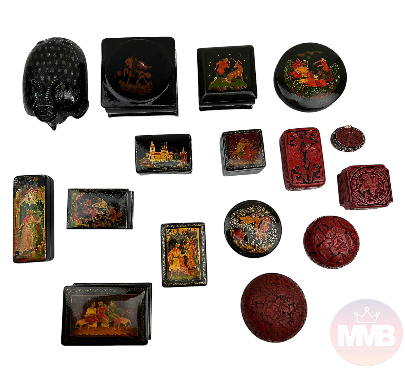 Russian Lacquer & Carved Cinnabar Trinket Box LOT (1 of 5)