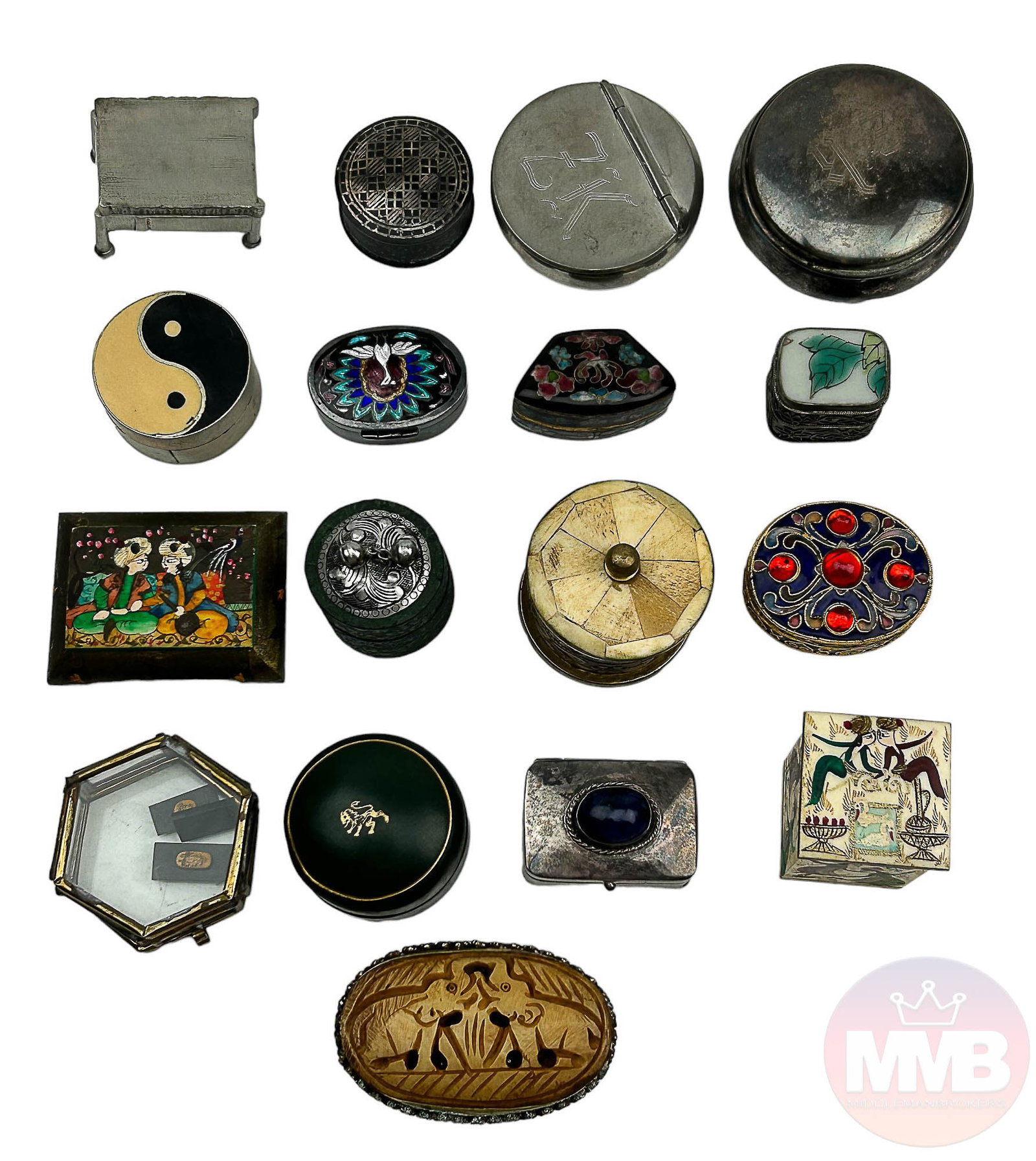 Sterling Cloisonne Enamel Leather Trinket Box 17pc: 20th century estate collection lot of a total of seventeen (17) jewelry, coin, pill, heirloom storage boxes. Constructed from materials that include sterling silver 925, cloisonne enamel, bone, resin 