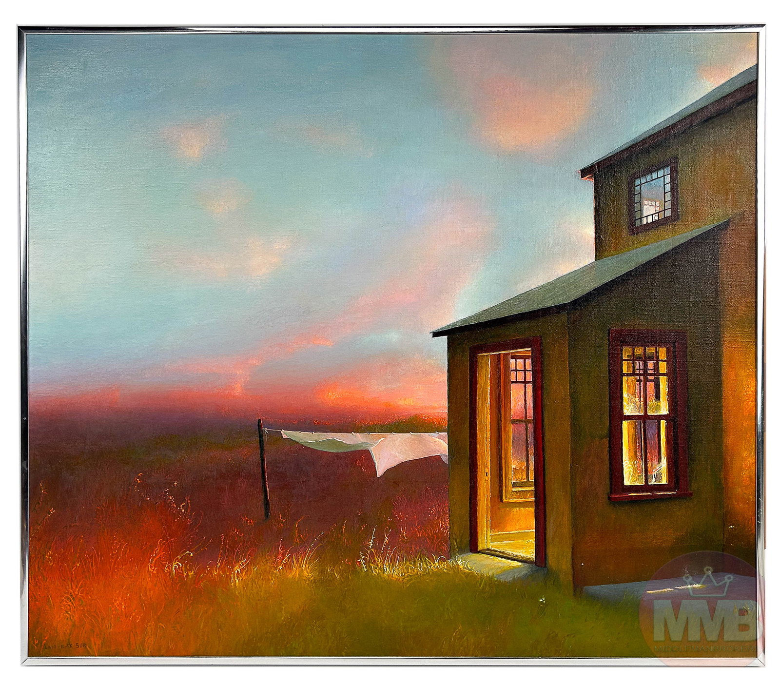 Lars Erik Sur 20C Wildfire Landscape Painting: Lars Erik Sur (American, 20th Century). An original oil painting on canvas. An architectural landscape depicting a house at the edge of a large field with grass, laundry hanging on a clothesline, and 