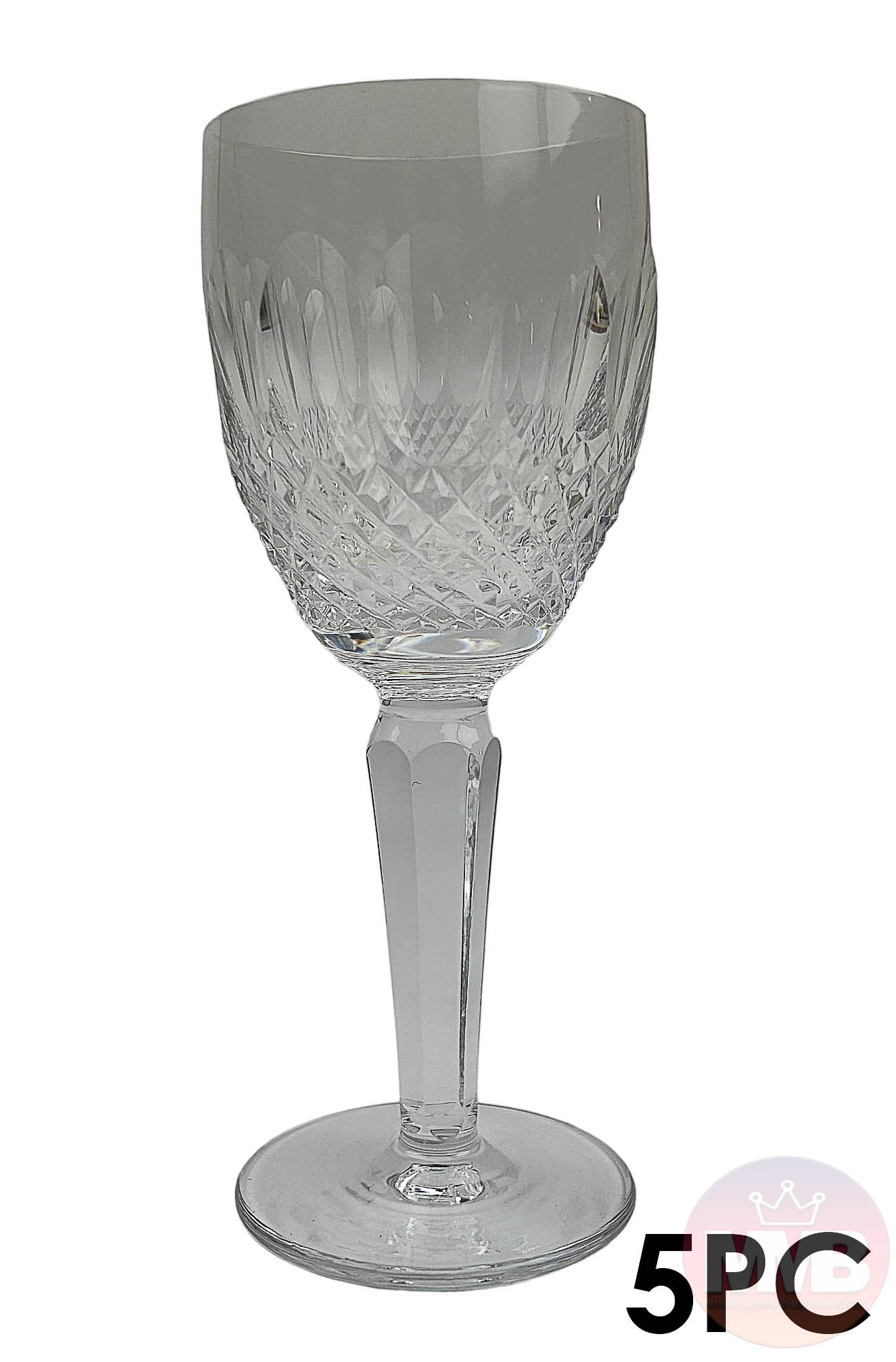Waterford Crystal Colleen Claret Wine Goblets 5pc: Irish late 20th century cut crystal art glass bar barware claret wine goblets. Manufactured by Waterford, Ireland in their Colleen Tall Stem pattern. Production years : 1986 - 2018. Design features ov