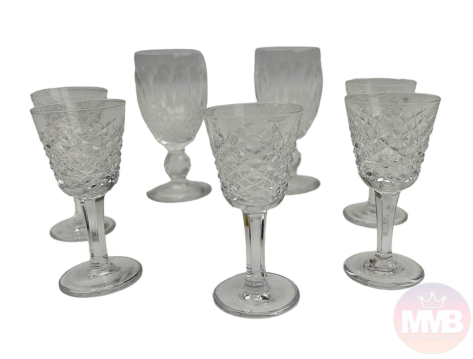 Waterford Crystal Alana Colleen Barware Glass LOT: Irish Mid 20th Century cut crystal art glass bar barware glasses. Includes five (5) Cordials / Shot Glasses in the Alana pattern. 1952 - 2022. Two (2) Colleen Short Stem White Wine goblets. 1968 - 201