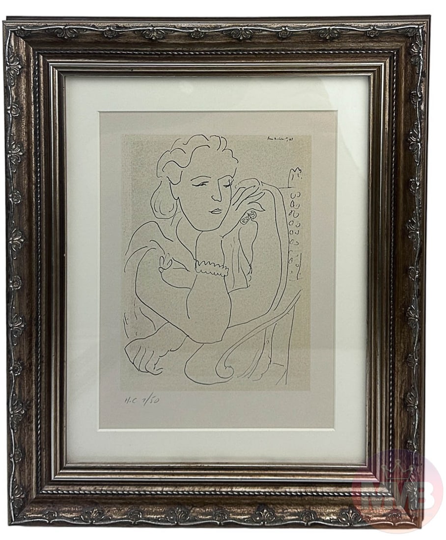 Henri Matisse 1869-1954 Limited Edition Lithograph: Litho print on paper executed in a limited edition size number, this one being # 7 of a total of 50. Signed with printed name and year date upper right and lower left having size number. Art presented