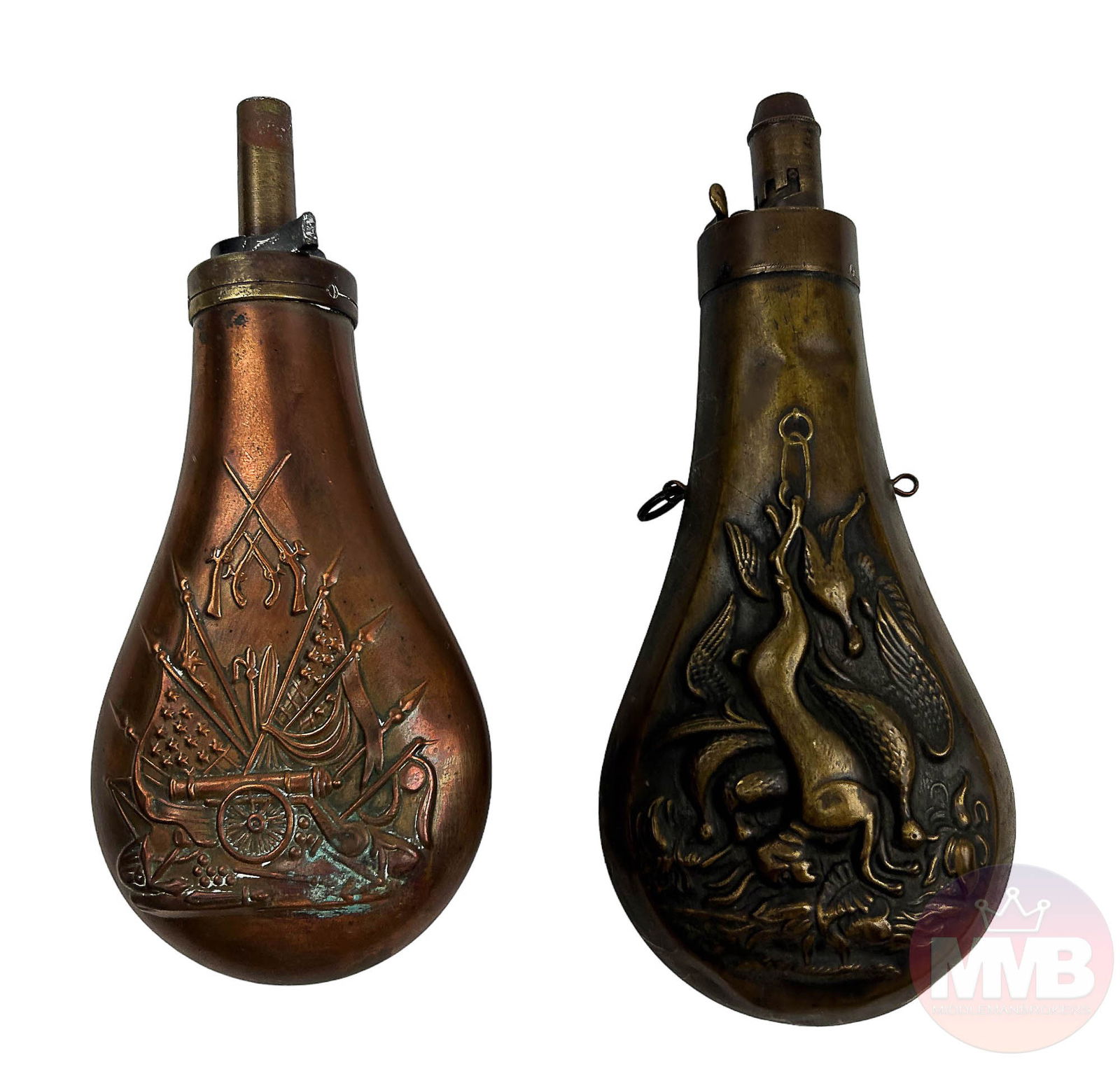 Early Decorated Brass Copper Powder Flask 2pc LOT (1 of 6)