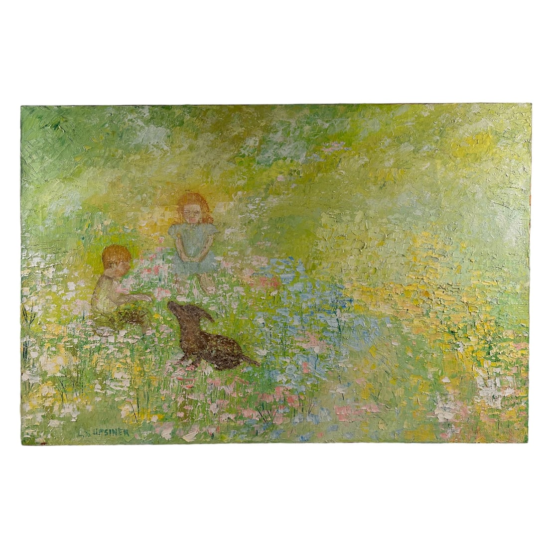 Children In Field With Puppy Oil On Canvas Impasto: An original oil painting on canvas. Two children a boy and girl playing in a beautiful field of flowers with their dog. Crafted using pastel colors: pink, blue, yellow, and green. Artist signature to 