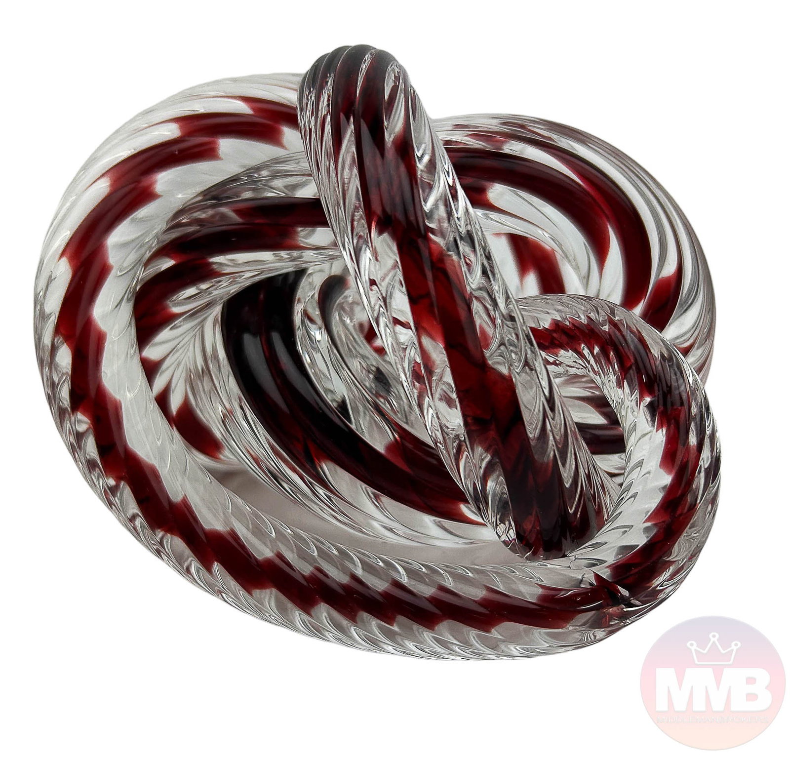 Fusion Z Czech Cable Twist Studio Glass Sculpture: European late 20th century studio handcrafted modernist art glass sculpture by Fusion Z. This abstract style form features a knotted rope design with an internally cased cranberry red pattern against 