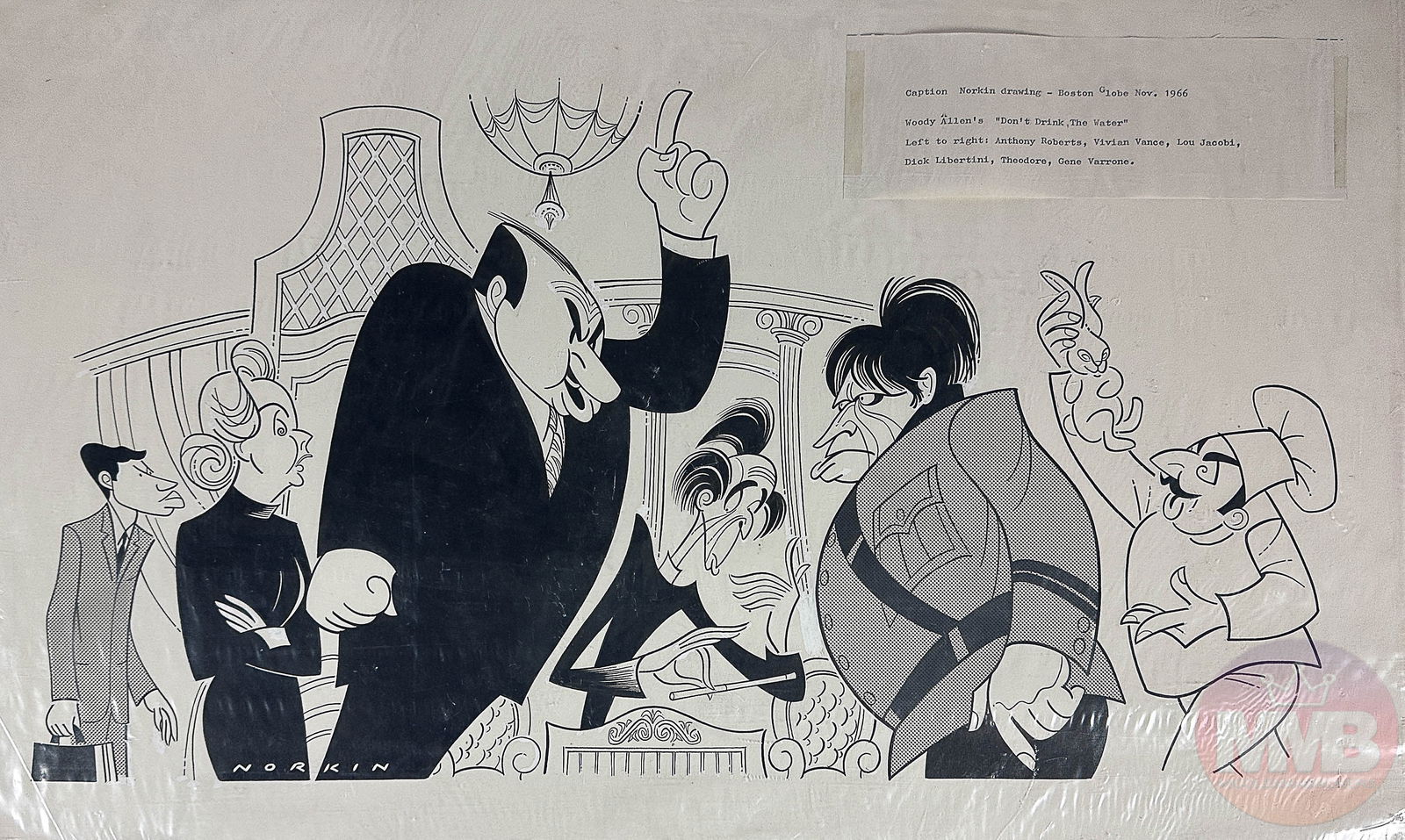 Sam Norkin Black White Caricature Cartoon Drawing: Illustration art by Sam Norkin ( American, 1917 - 2011 ) ~ Brooklyn, New York born cartoonist specializing in theatre caricatures for more than seven (7) decades. Measures 15" x 25". Signed lower left