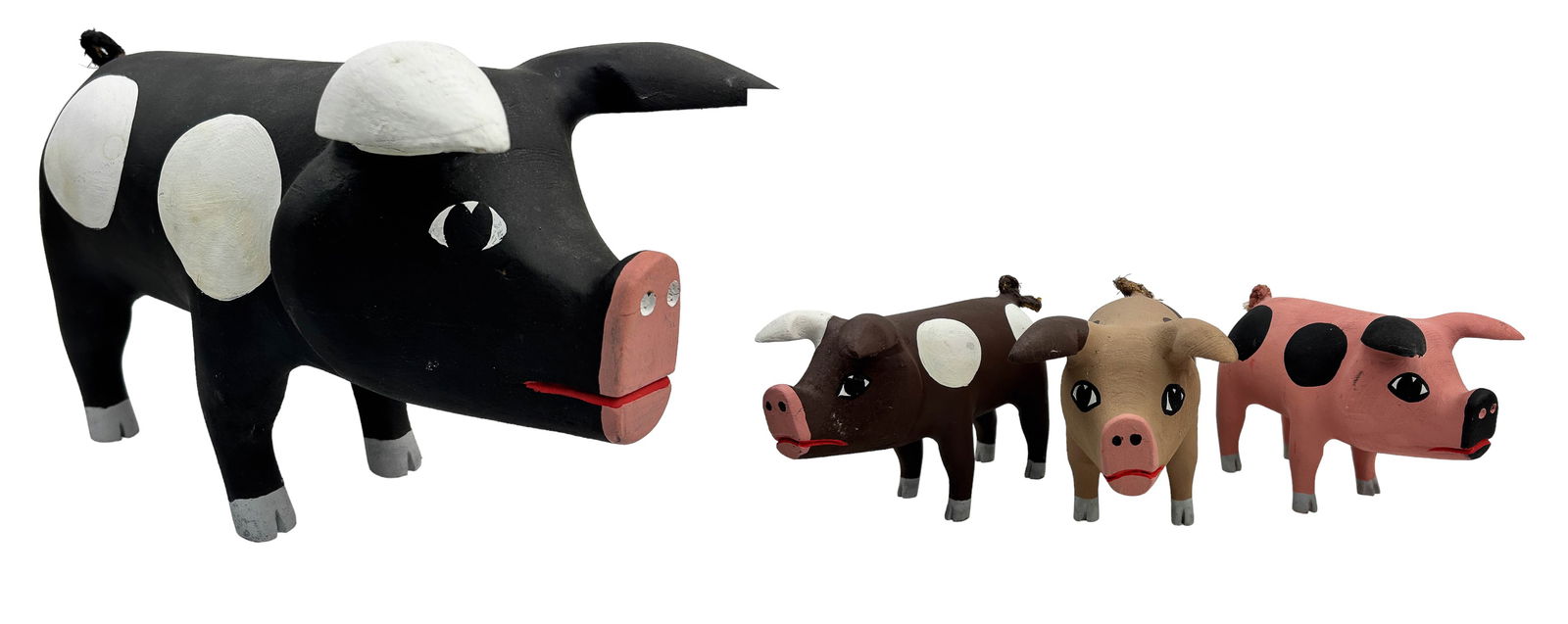 Hector Rascon Folk Art Wood Pig Sculpture 4pc LOT: Hector Rascon (New Mexico, 1957 - 2017 ) ~ one of Northern New Mexico's most recognized folk artists. Subject matter features a total of 4 (four) hand carved wooden pigs. Each with a solid colored han