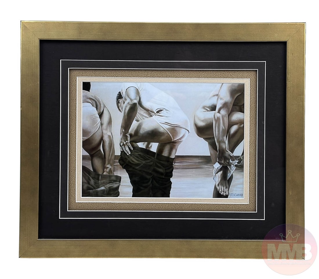 Steve Walker 1962-2012 Gay Erotic Figure Art Print: Steve Walker (American, 1962-2012). A special edition art print on paper. Titled, "Revelations." An erotic figural group interior scene in sepia tone, depicting semi nude male figures undressing in a 