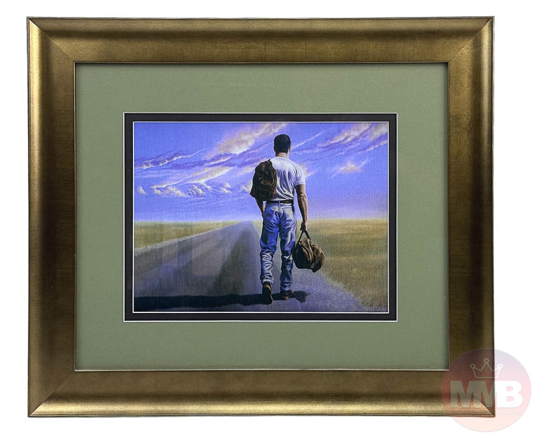 Steve Walker 1962-2012 Gay Erotic Figure Art Print: Steve Walker (American, 1962-2012). A special edition art print on paper. Titled, "Sunrise, Sunset." An erotic figural landscape depicting a male figure walking on a paved road surrounded by open fiel