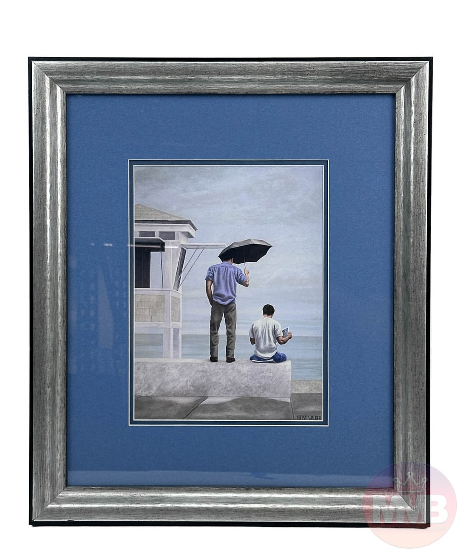 Steve Walker 1962-2012 Gay Erotic Figure Art Print: Steve Walker (American, 1962-2012). A special edition art print on paper. Titled, "Lost and Found." An erotic figural seascape depicting two male figures on a beach, with lifeguard stand, additional a