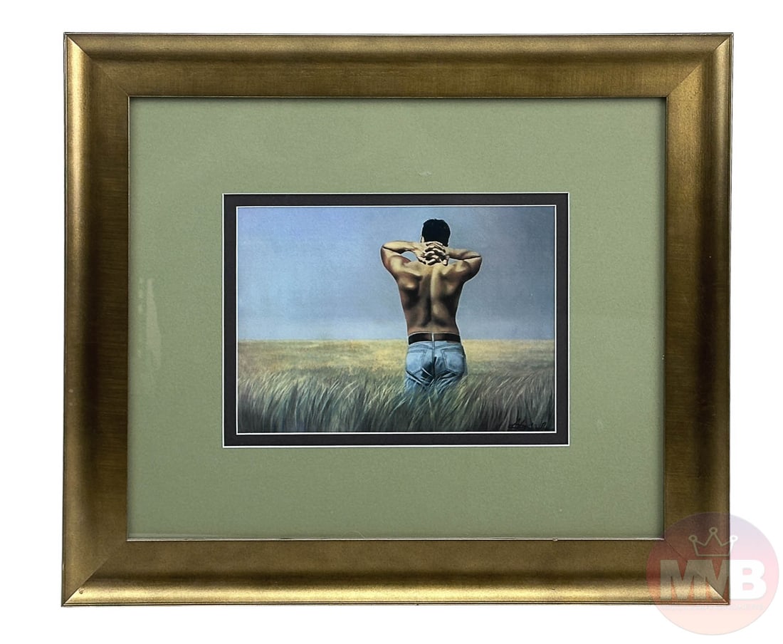 Steve Walker 1962-2012 Gay Erotic Figure Art Print: Steve Walker (American, 1962-2012). A special edition art print on paper. Titled, "Field of Dreams." An erotic figural landscape depicting a semi nude male figure standing in a field of botanical whea