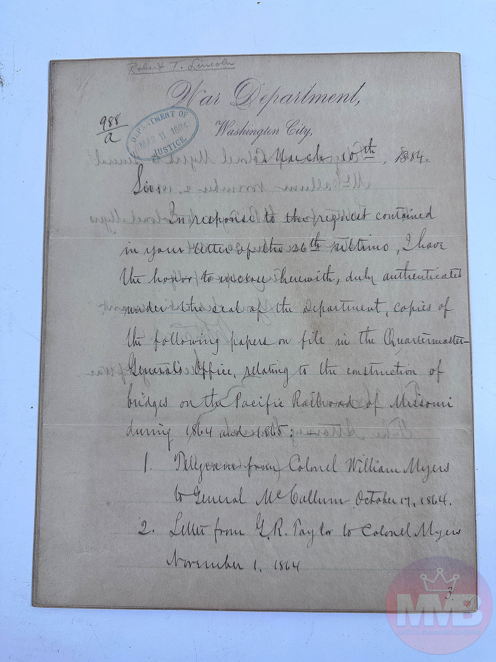 Robert Todd Lincoln Secretary of ware Letter Signed (1 of 8)