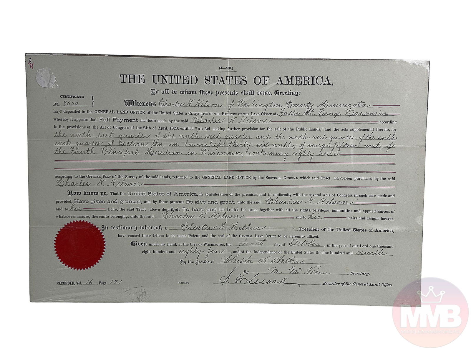 President Chester Arthur Signed Land Grant 1884 (1 of 4)