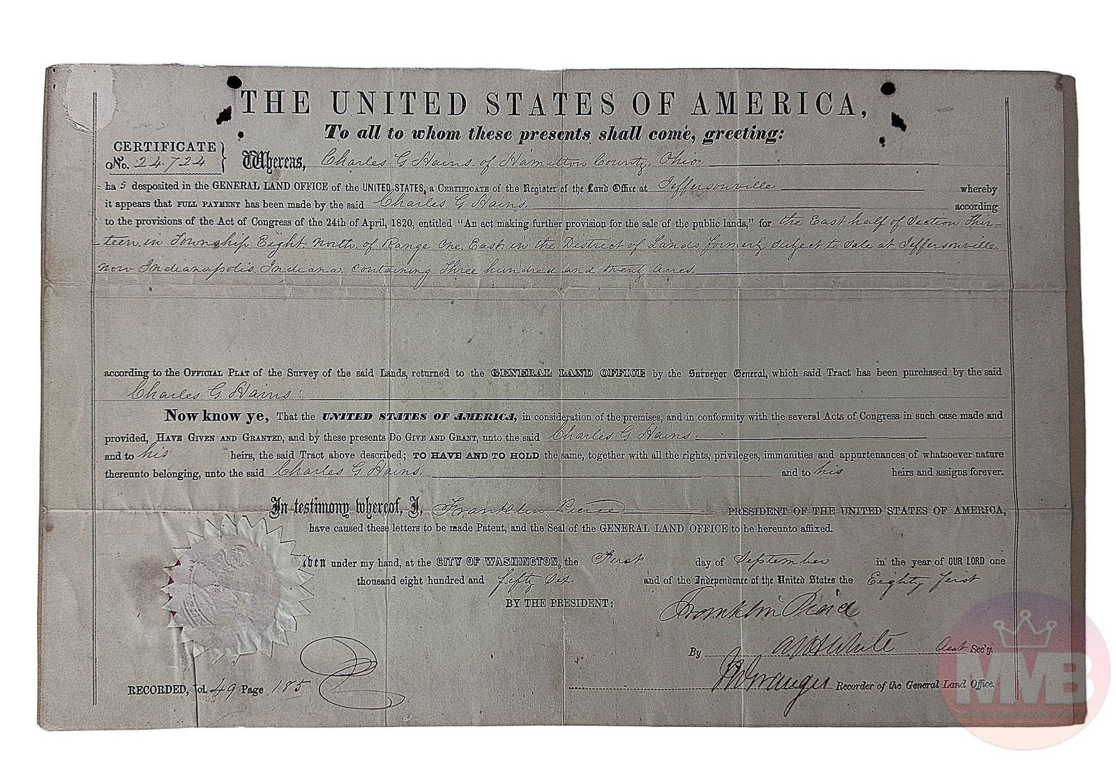 President Franklin Pierce Signed Land Grant 1856 (1 of 2)